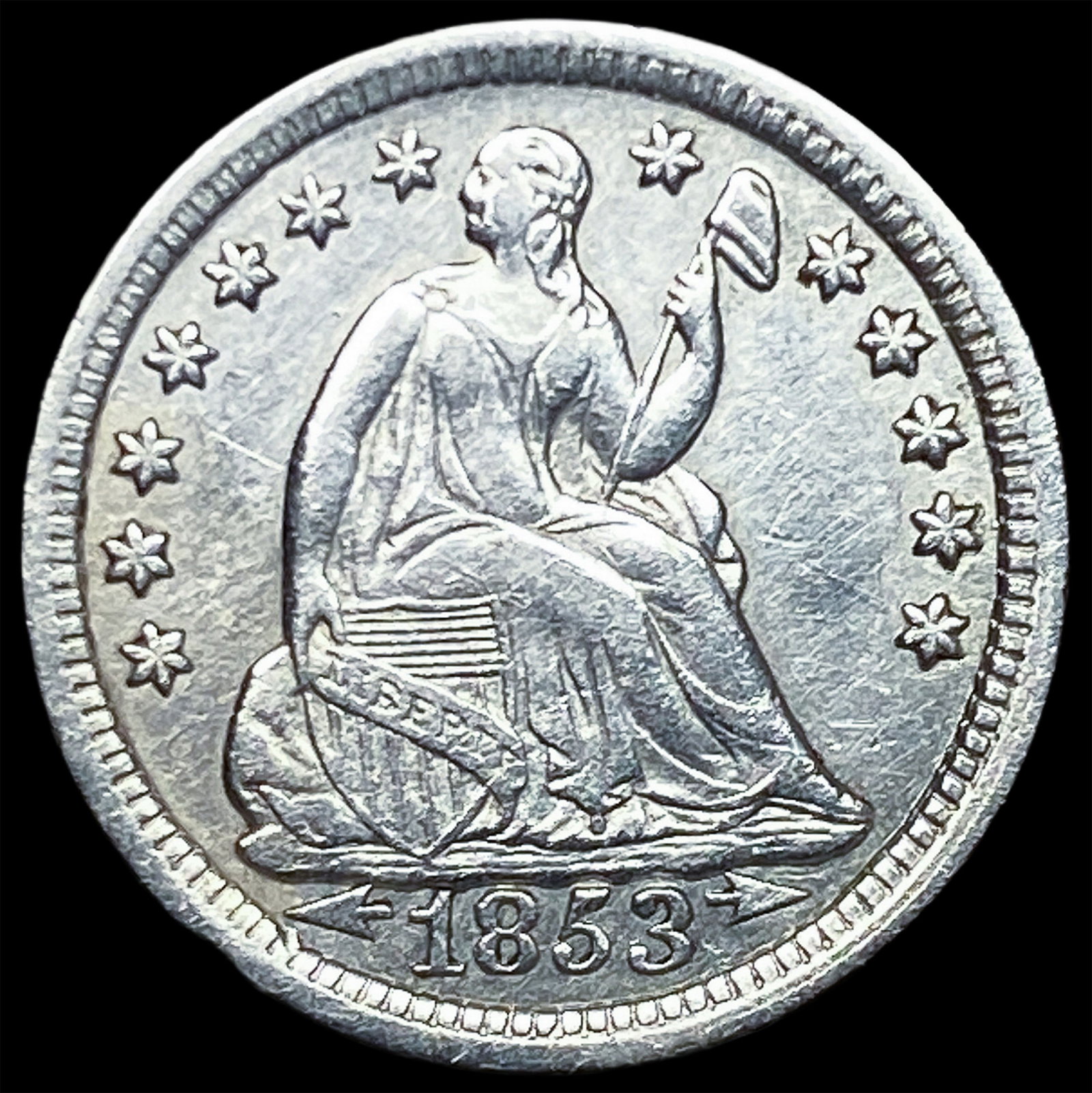 1853 Arrows Seated Liberty Half Dime CLOSELY UNCIRCULATED: 1853 Arrows Seated Liberty Half Dime CLOSELY UNCIRCULATED