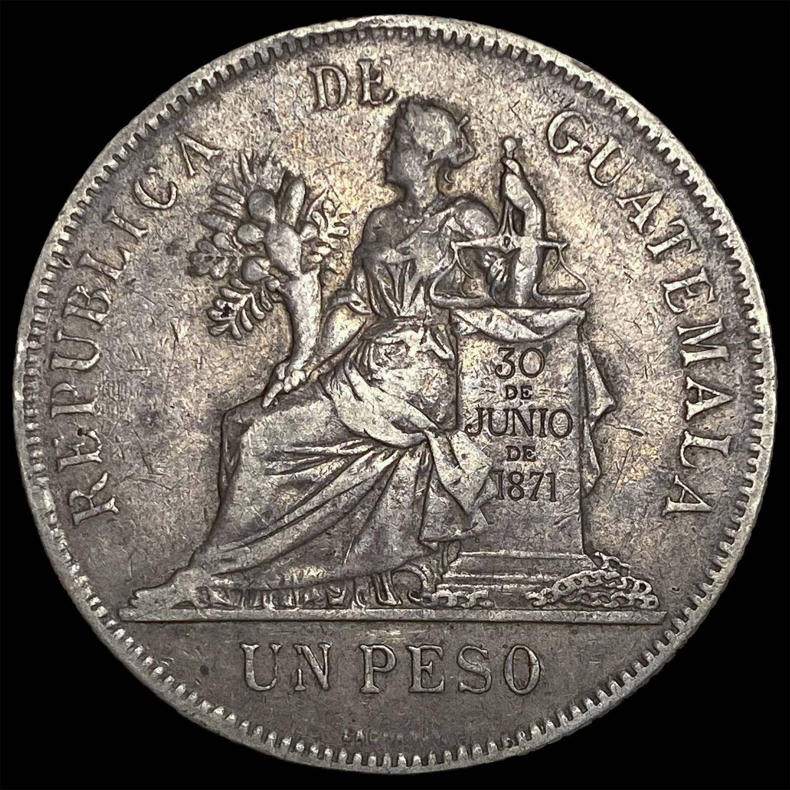 1894 Silver Guatemala Un Peso NEARLY UNCIRCULATED: 1894 Silver Guatemala Un Peso NEARLY UNCIRCULATED