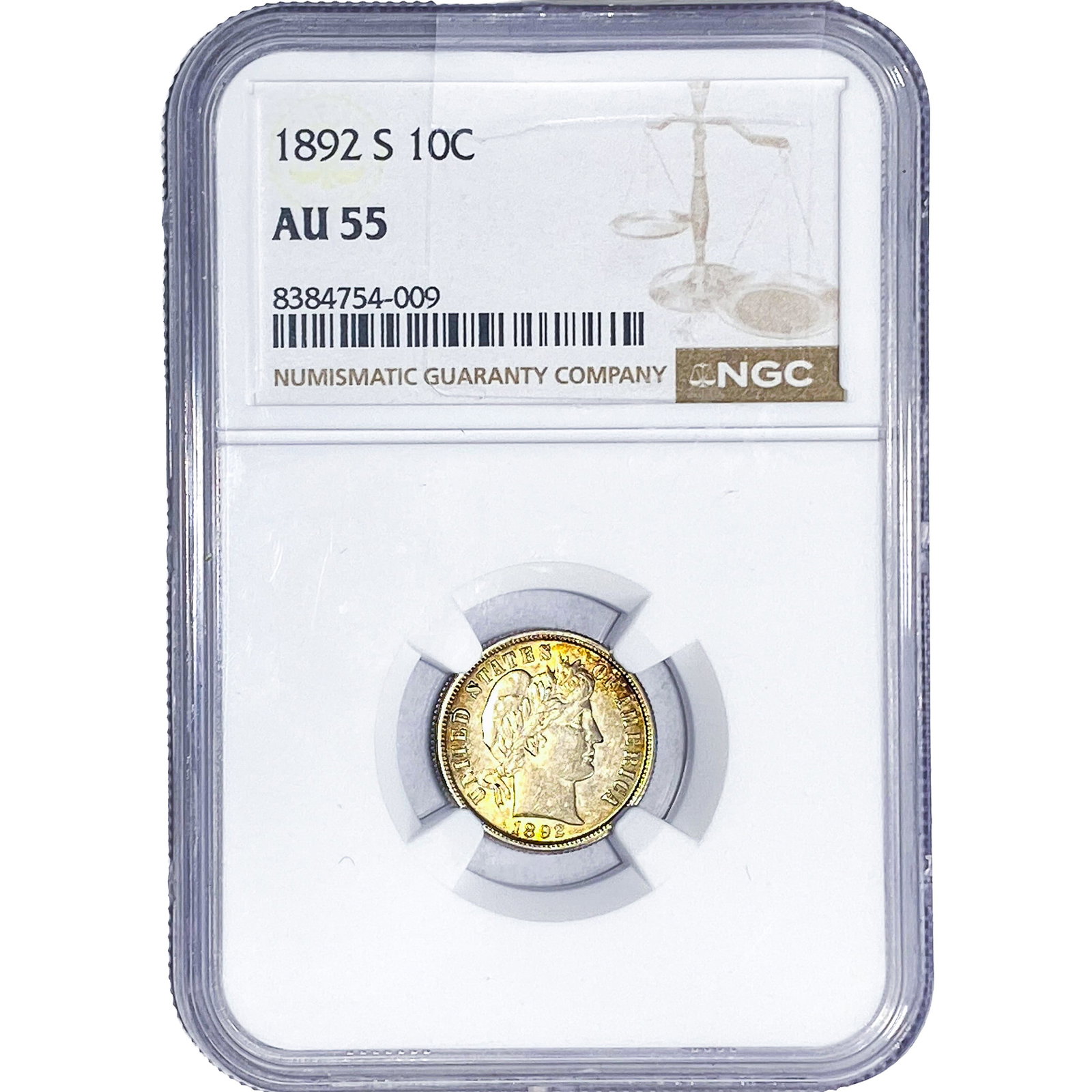 1892-S Barber Dime NGC AU55: 1892-S Barber Dime NGC AU55