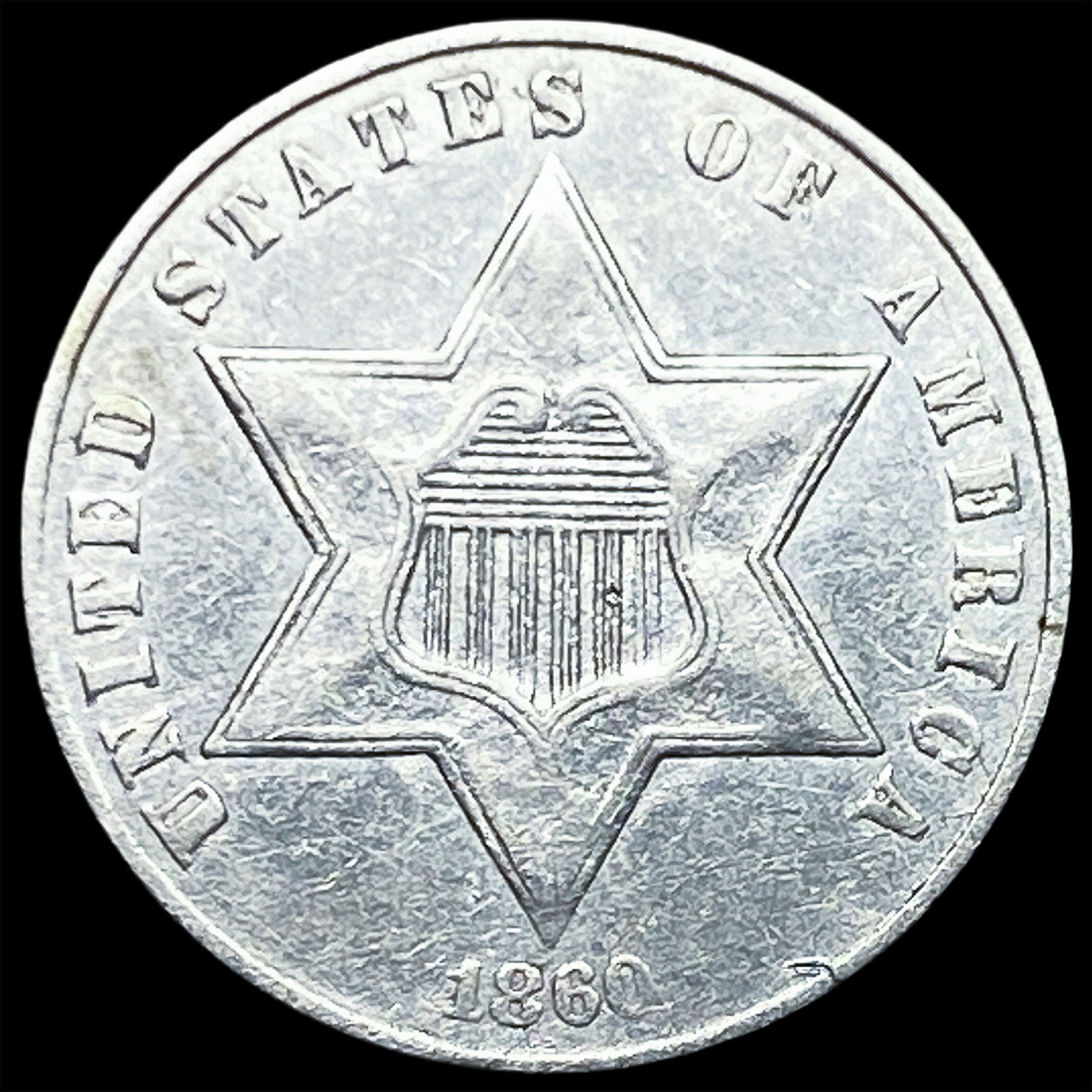 1860 Silver Three-Cent Piece CLOSELY UNCIRCULATED: 1860 Silver Three-Cent Piece CLOSELY UNCIRCULATED