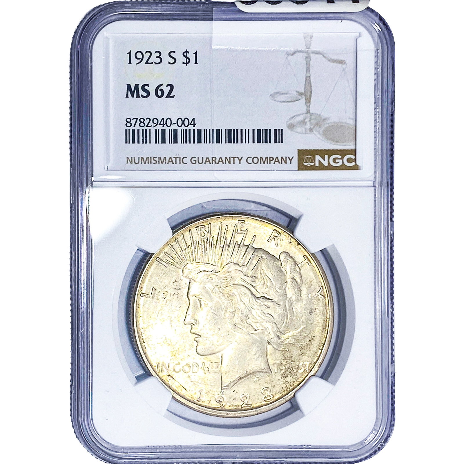 1923-S Silver Peace Dollar NGC MS62: 1923-S Silver Peace Dollar NGC MS62