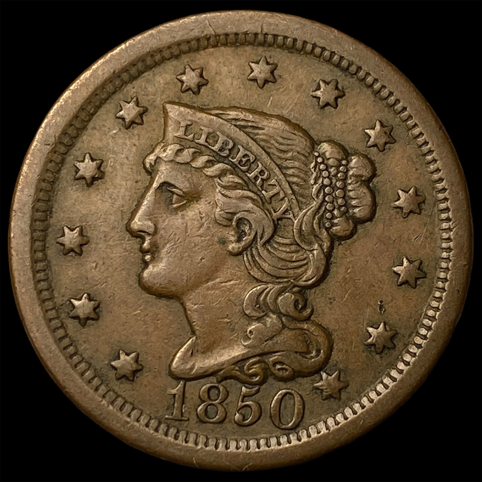 1850 Braided Hair Large Cent NEARLY UNCIRCULATED: 1850 Braided Hair Large Cent NEARLY UNCIRCULATED