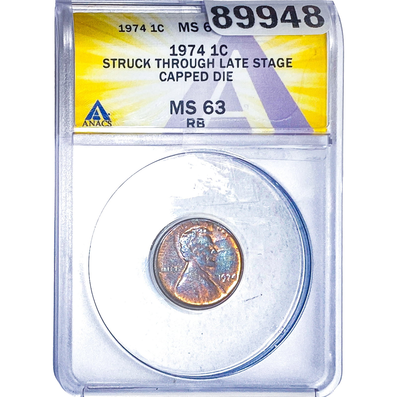 1974 Wheat Cent ANACS MS63 RB TONED: 1974 Wheat Cent ANACS MS63 RB TONED