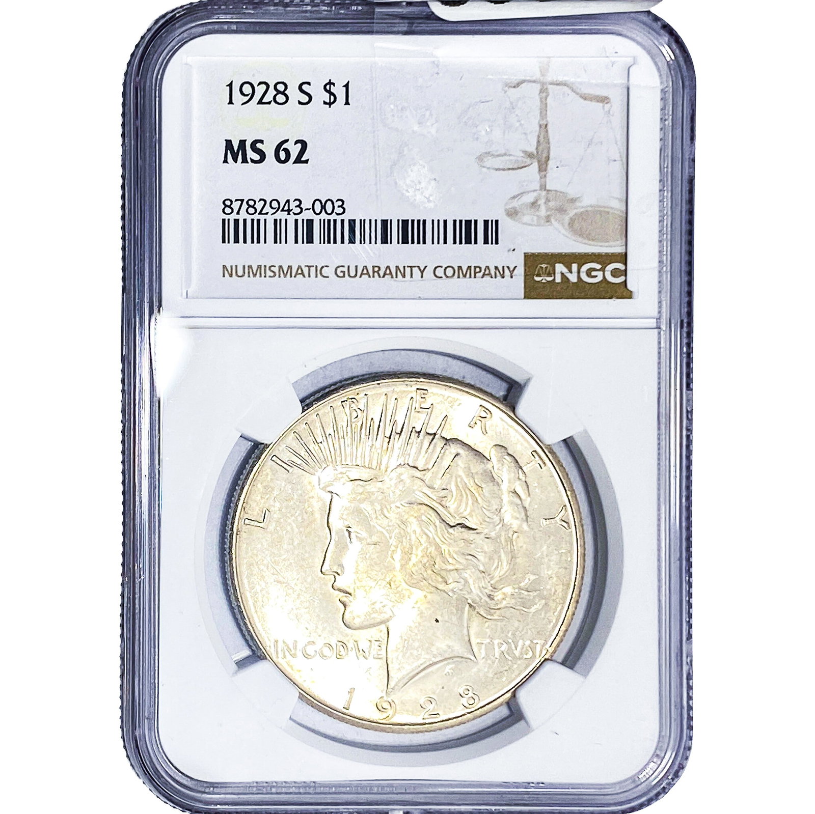 1928-S Silver Peace Dollar NGC MS62: 1928-S Silver Peace Dollar NGC MS62