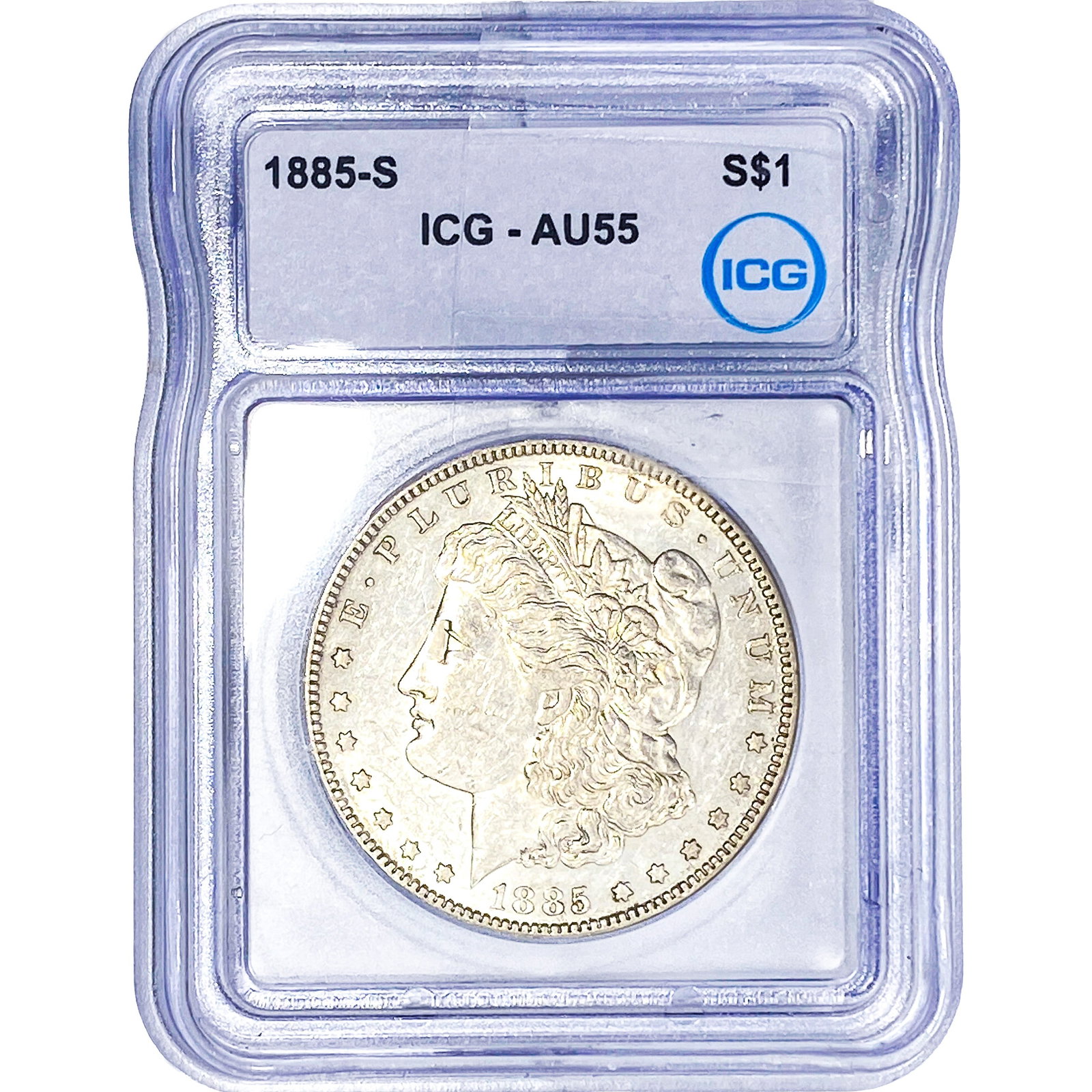 1885-S Morgan Silver Dollar ICG AU55: 1885-S Morgan Silver Dollar ICG AU55