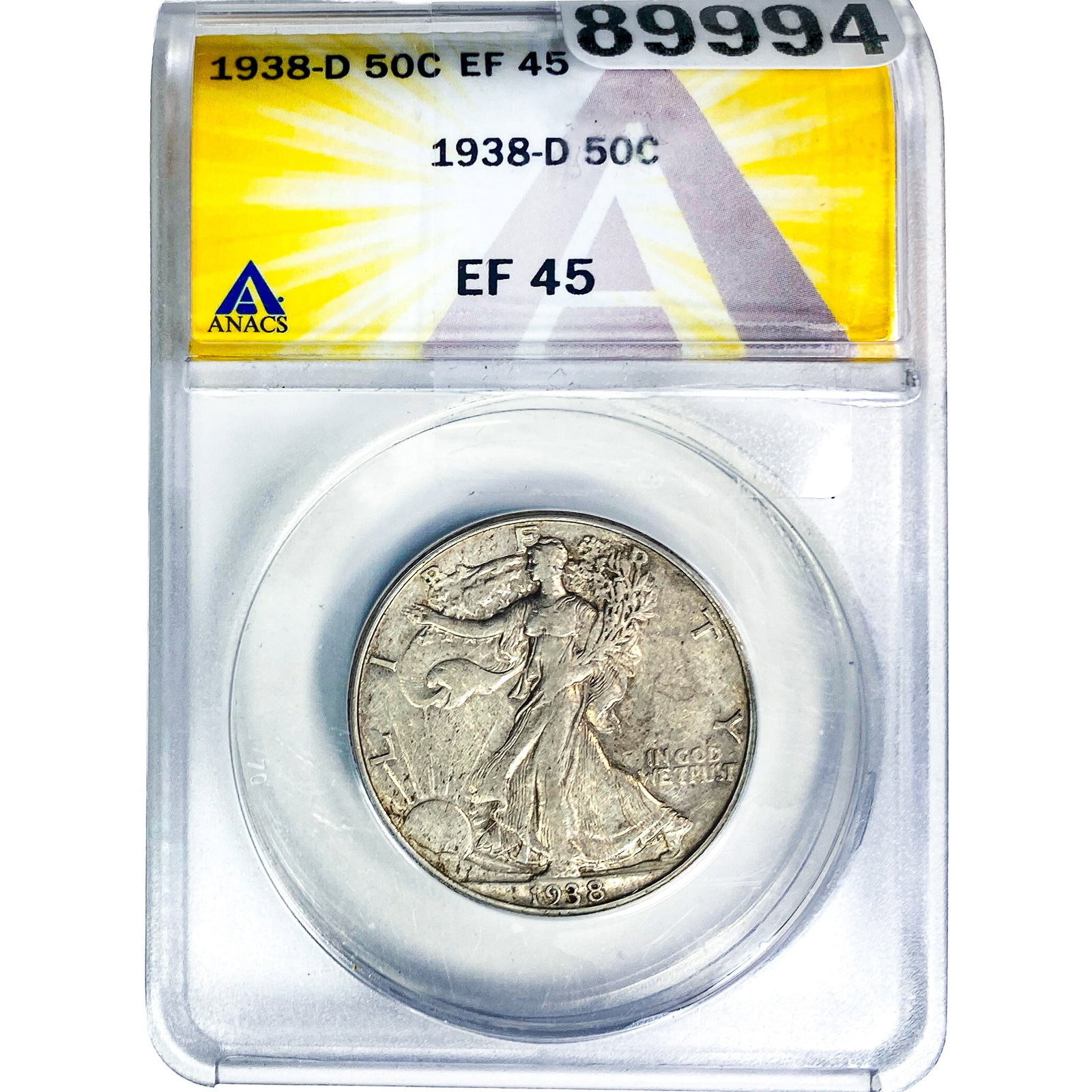 1938-D Walking Liberty Half Dollar ANACS EF45: 1938-D Walking Liberty Half Dollar ANACS EF45