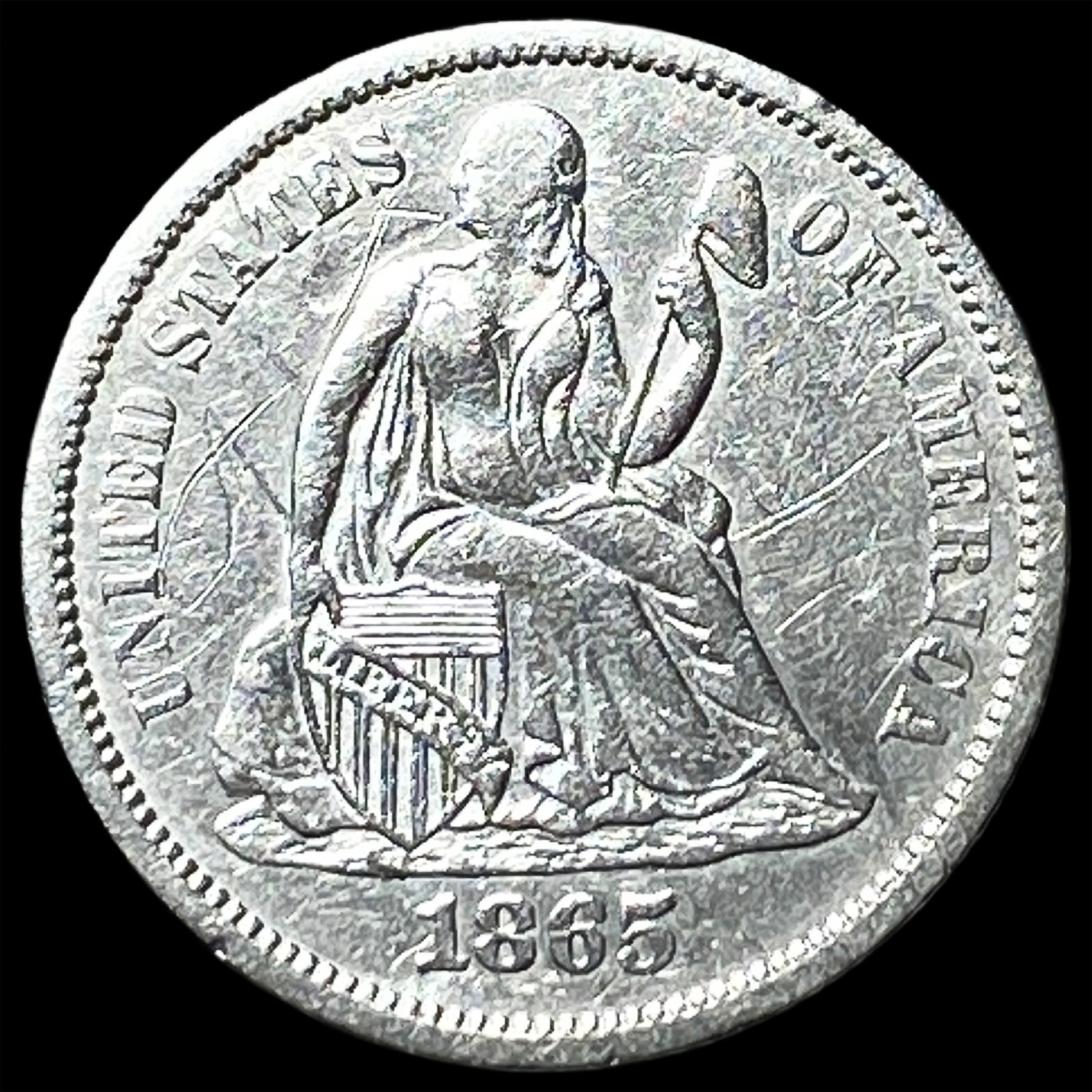 1865-S Seated Liberty Dime NEARLY UNCIRCULATED: 1865-S Seated Liberty Dime NEARLY UNCIRCULATED