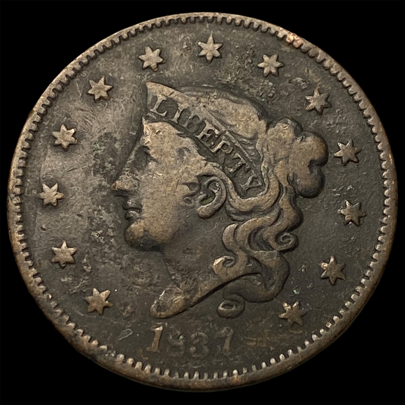 1837 Coronet Head Large Cent NICELY CIRCULATED: 1837 Coronet Head Large Cent NICELY CIRCULATED