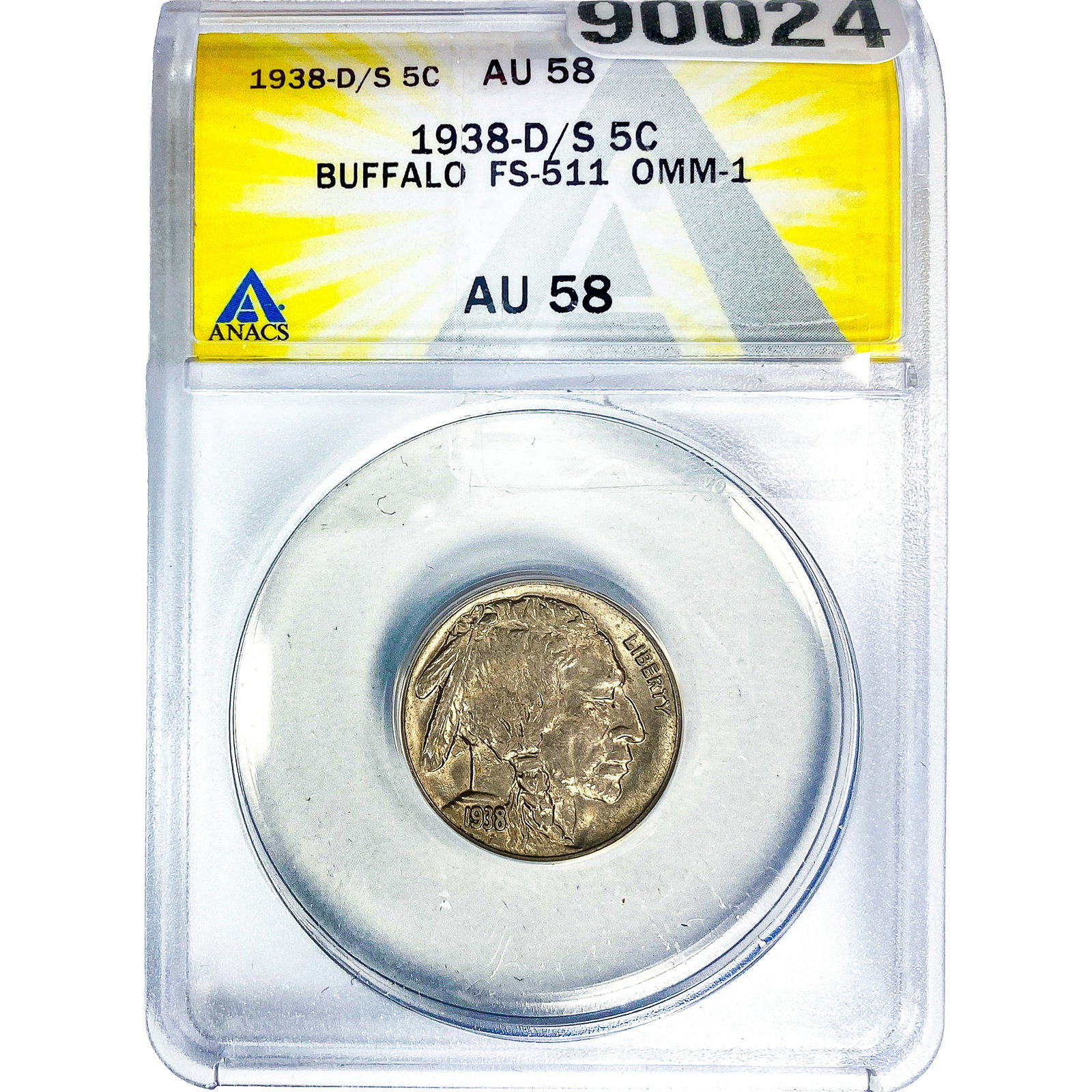 1938-D/S Buffalo Nickel ANACS AU58: 1938-D/S Buffalo Nickel ANACS AU58