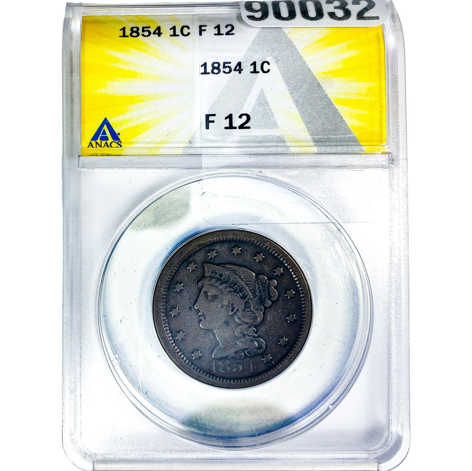 1854 Braided Hair Large Cent ANACS F12: 1854 Braided Hair Large Cent ANACS F12