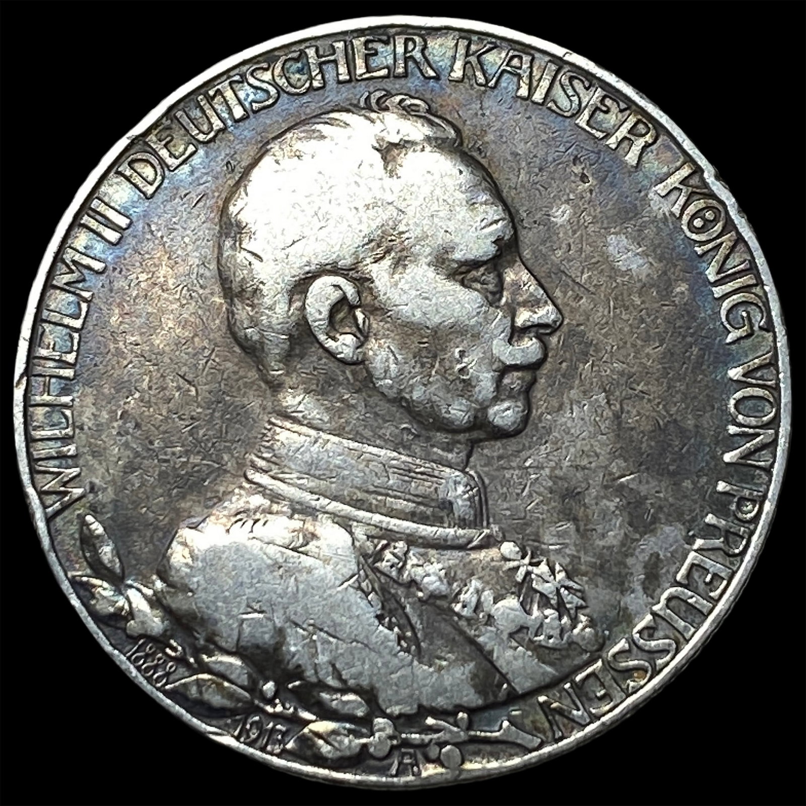 1913 Germany Prussia Silver 2 Marks Toned: 1913 Germany Prussia Silver 2 Marks Toned
