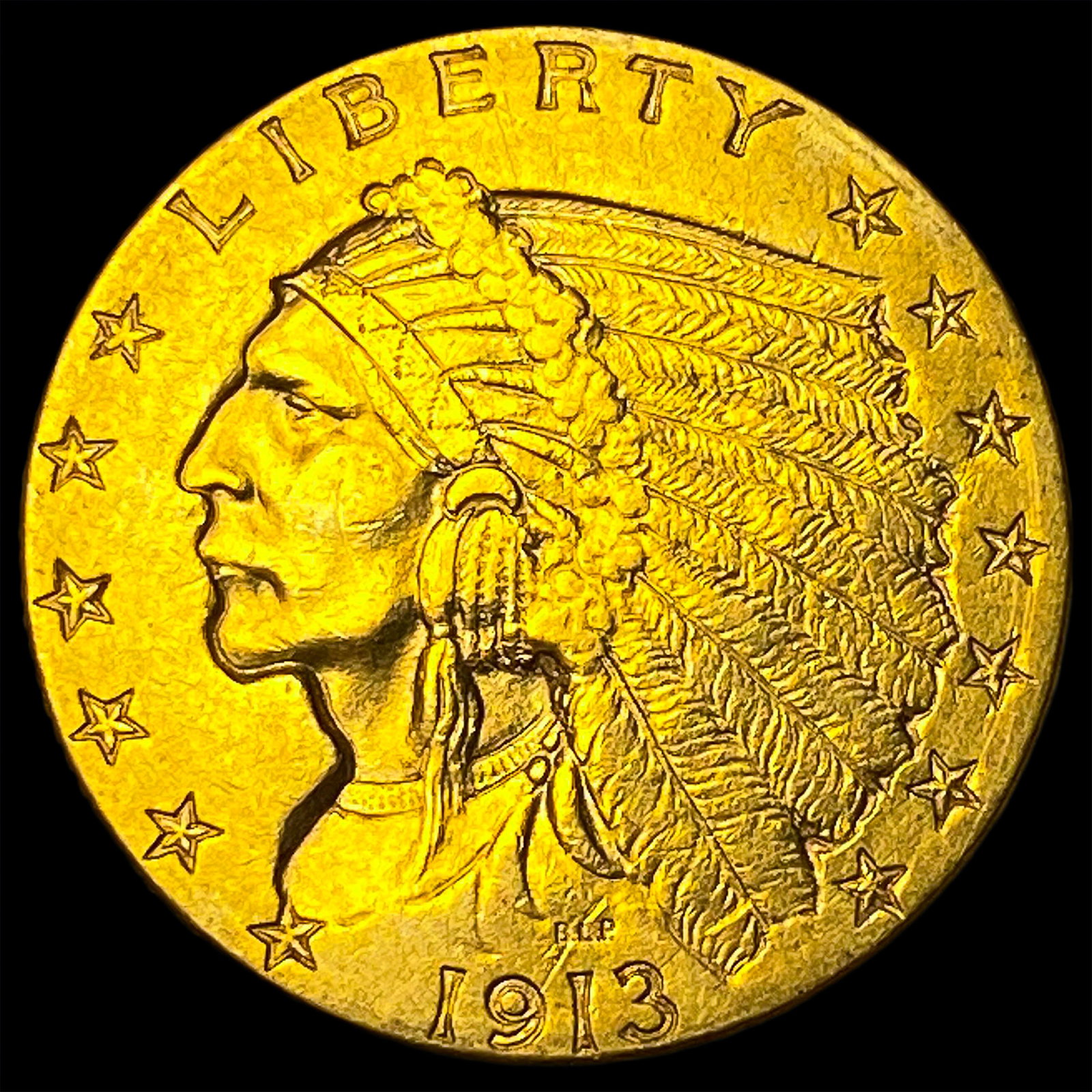1913 Indian Head Gold $2.50 Quarter Eagle CLOSELY UNCIRCULATED: 1913 Indian Head Gold $2.50 Quarter Eagle CLOSELY UNCIRCULATED