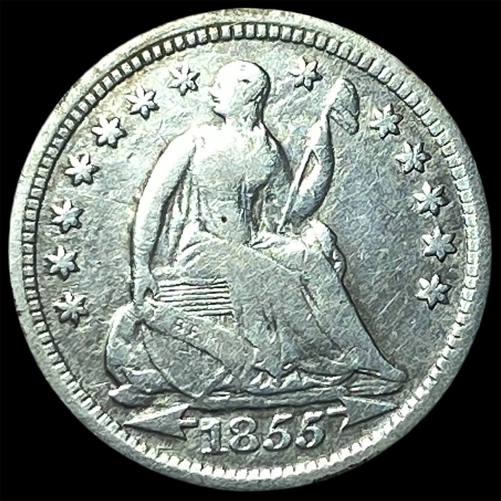 1855 Arrows Seated Liberty Half Dime ABOUT UNCIRCULATED: 1855 Arrows Seated Liberty Half Dime ABOUT UNCIRCULATED