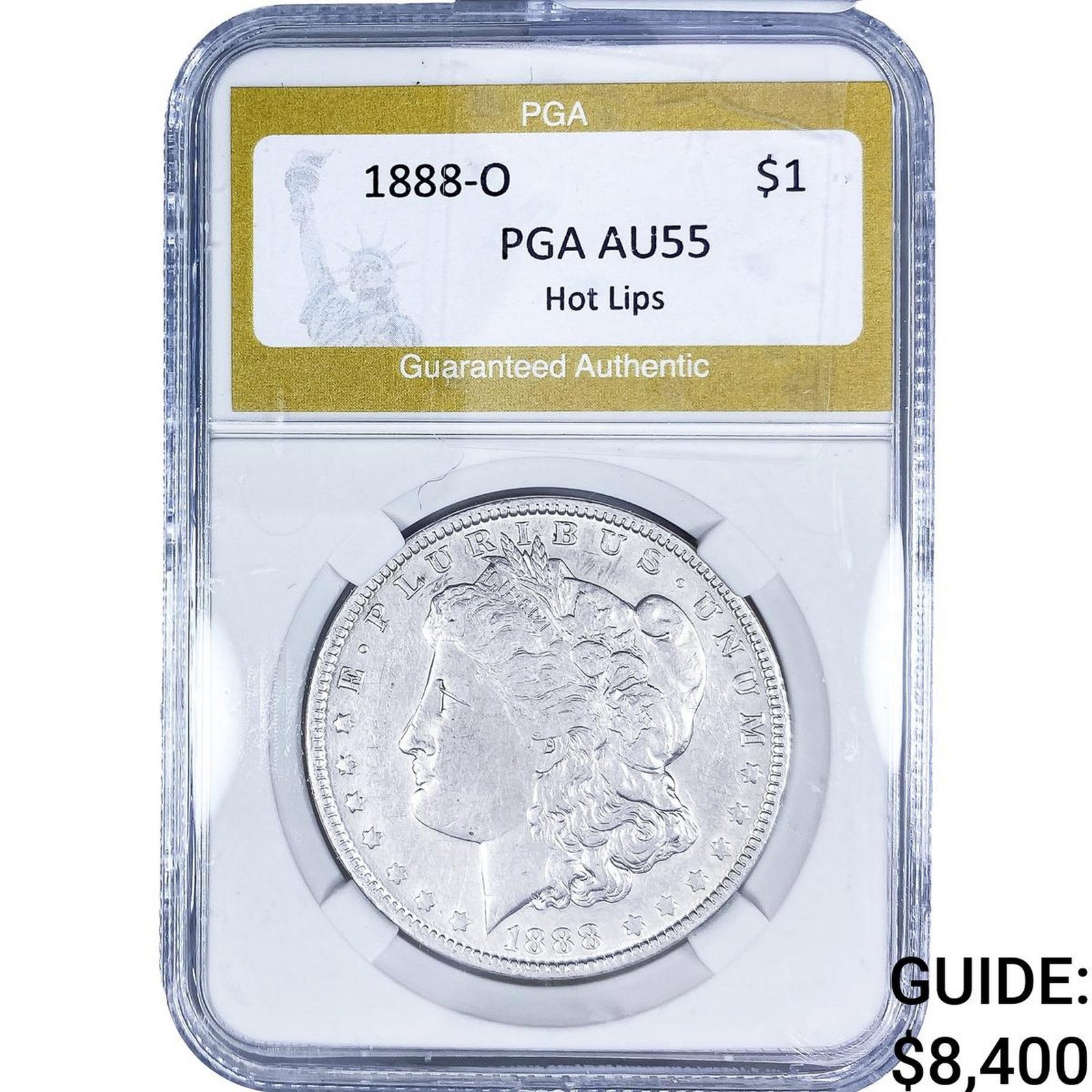 1888-O Morgan Silver Dollar PGA AU55 Hot Lips: 1888-O Morgan Silver Dollar PGA AU55 Hot Lips