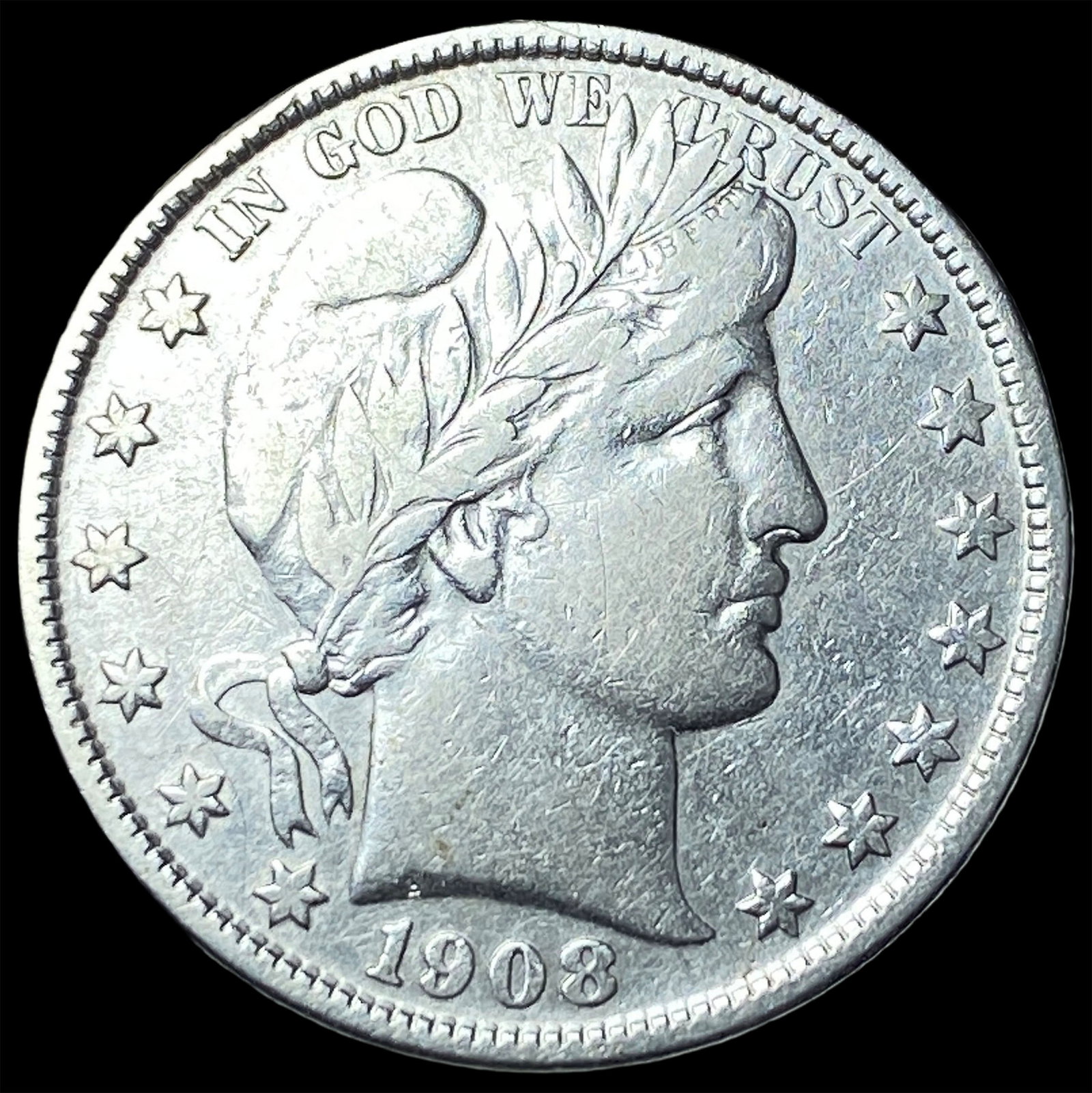 1908-D Silver Barber Half Dollar ABOUT UNCIRCULATED: 1908-D Silver Barber Half Dollar ABOUT UNCIRCULATED