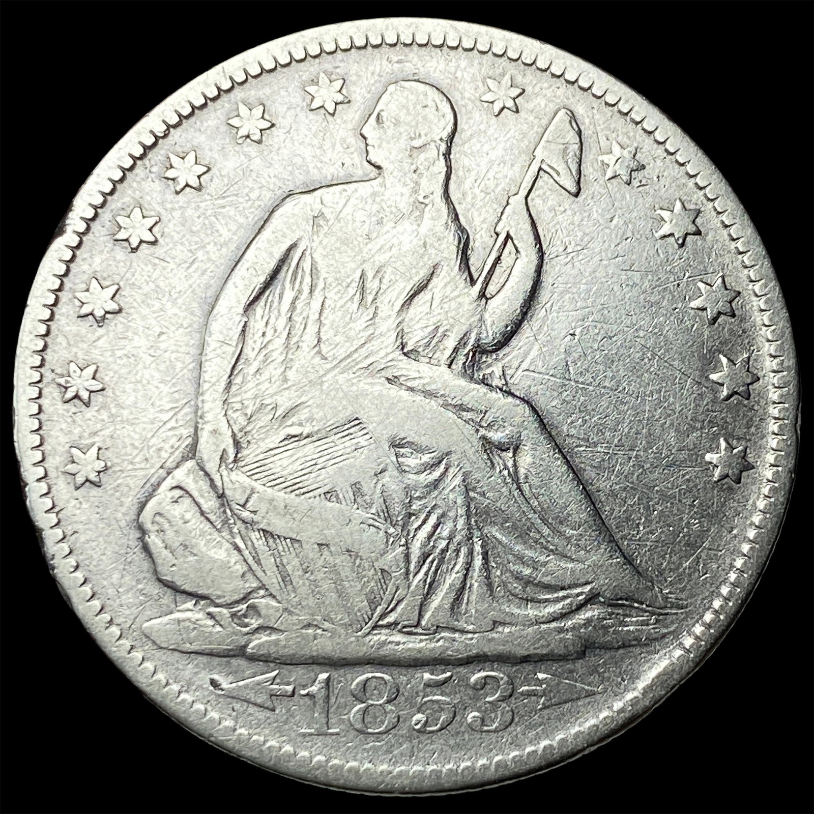 1853 Arrows/Rays Seated Liberty Half Dollar LIGHTLY CIRCULATED: 1853 Arrows/Rays Seated Liberty Half Dollar LIGHTLY CIRCULATED