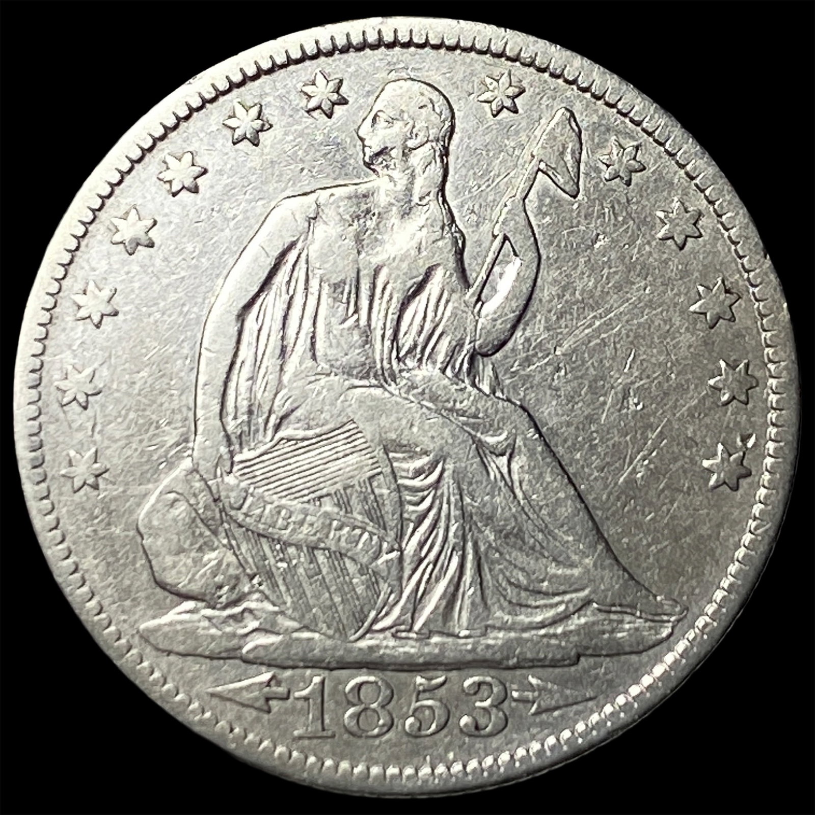 1853 Arrows/Rays Seated Liberty Half Dollar NEARLY UNCIRCULATED: 1853 Arrows/Rays Seated Liberty Half Dollar NEARLY UNCIRCULATED