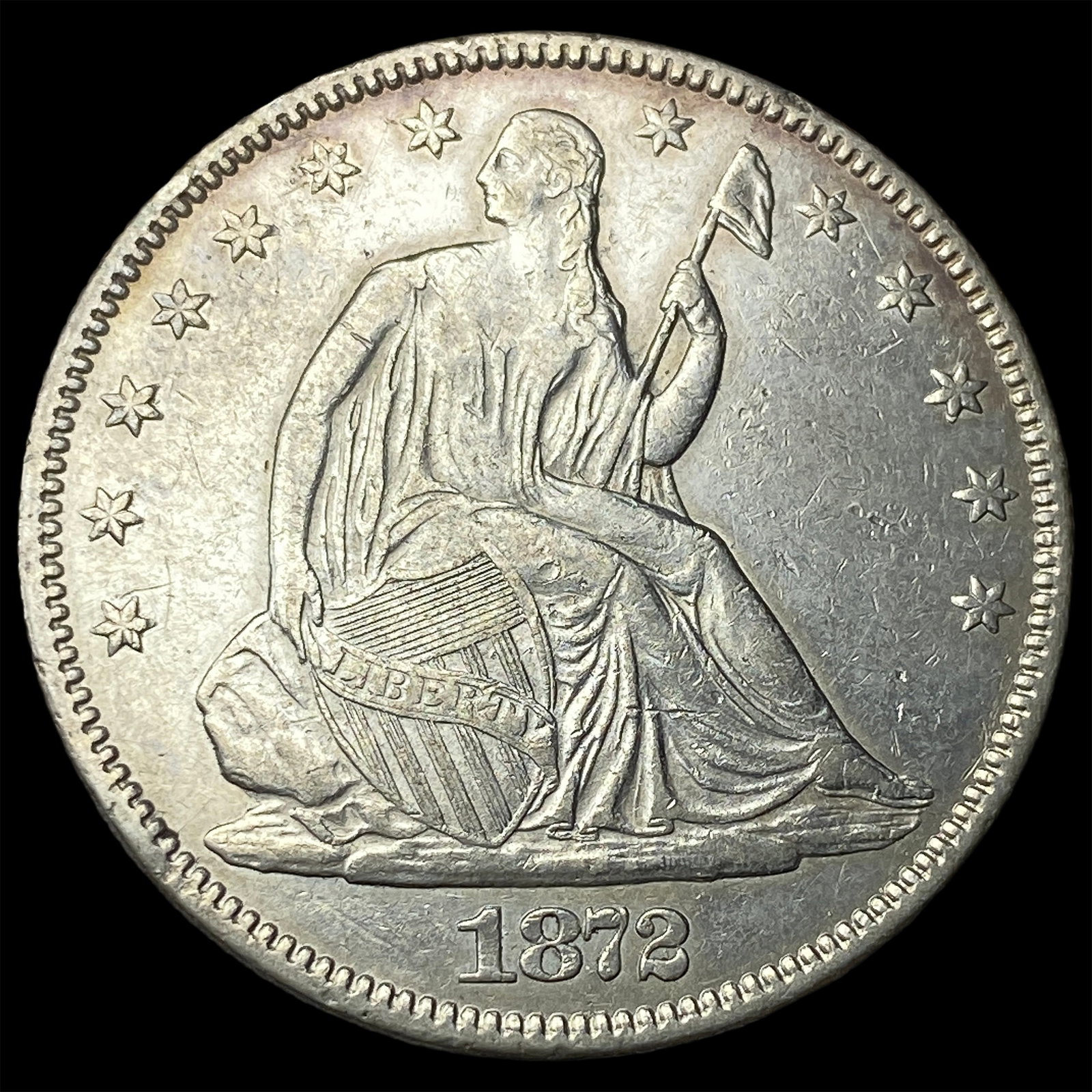1872 Silver Seated Liberty Half Dollar CLOSELY UNCIRCULATED: 1872 Silver Seated Liberty Half Dollar CLOSELY UNCIRCULATED