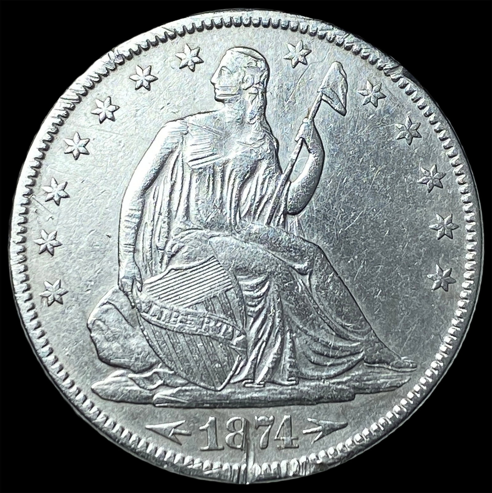 1874 Arrows Seated Liberty Half Dollar CLOSELY UNCIRCULATED: 1874 Arrows Seated Liberty Half Dollar CLOSELY UNCIRCULATED