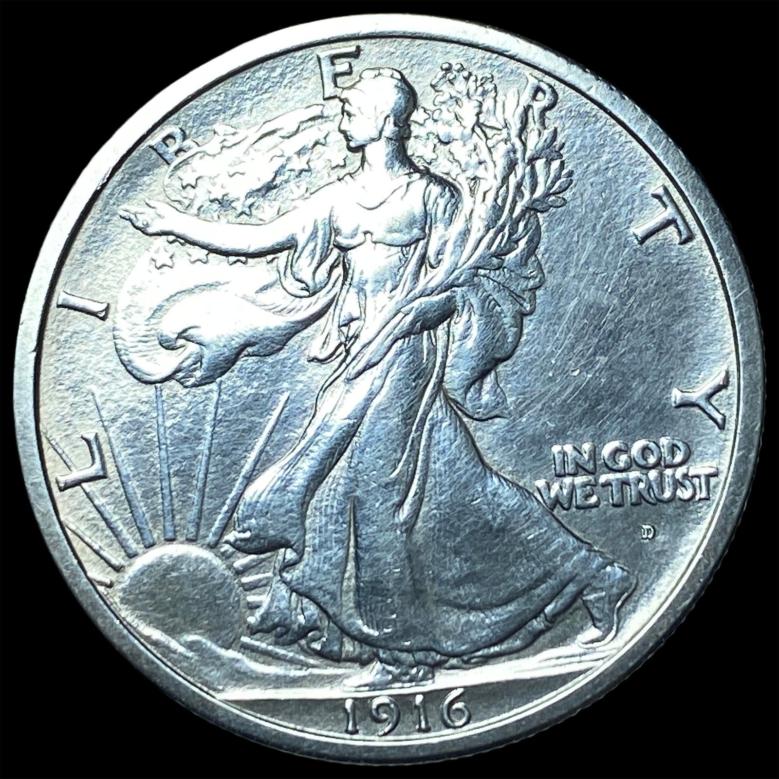 1916-D Silver Walking Liberty Half Dollar CLOSELY UNCIRCULATED: 1916-D Silver Walking Liberty Half Dollar CLOSELY UNCIRCULATED