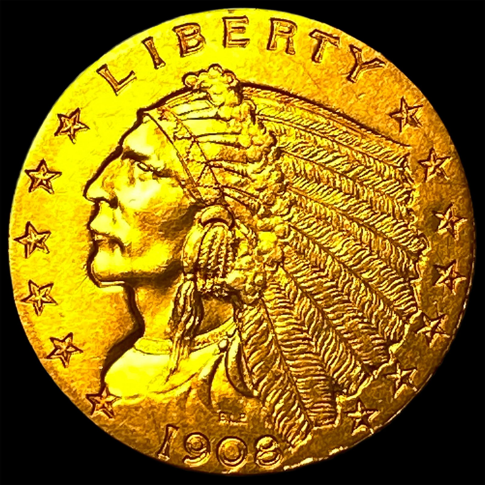 1908 Indian Head $2.50 Gold Quarter Eagle CLOSELY UNCIRCULATED: 1908 Indian Head $2.50 Gold Quarter Eagle CLOSELY UNCIRCULATED