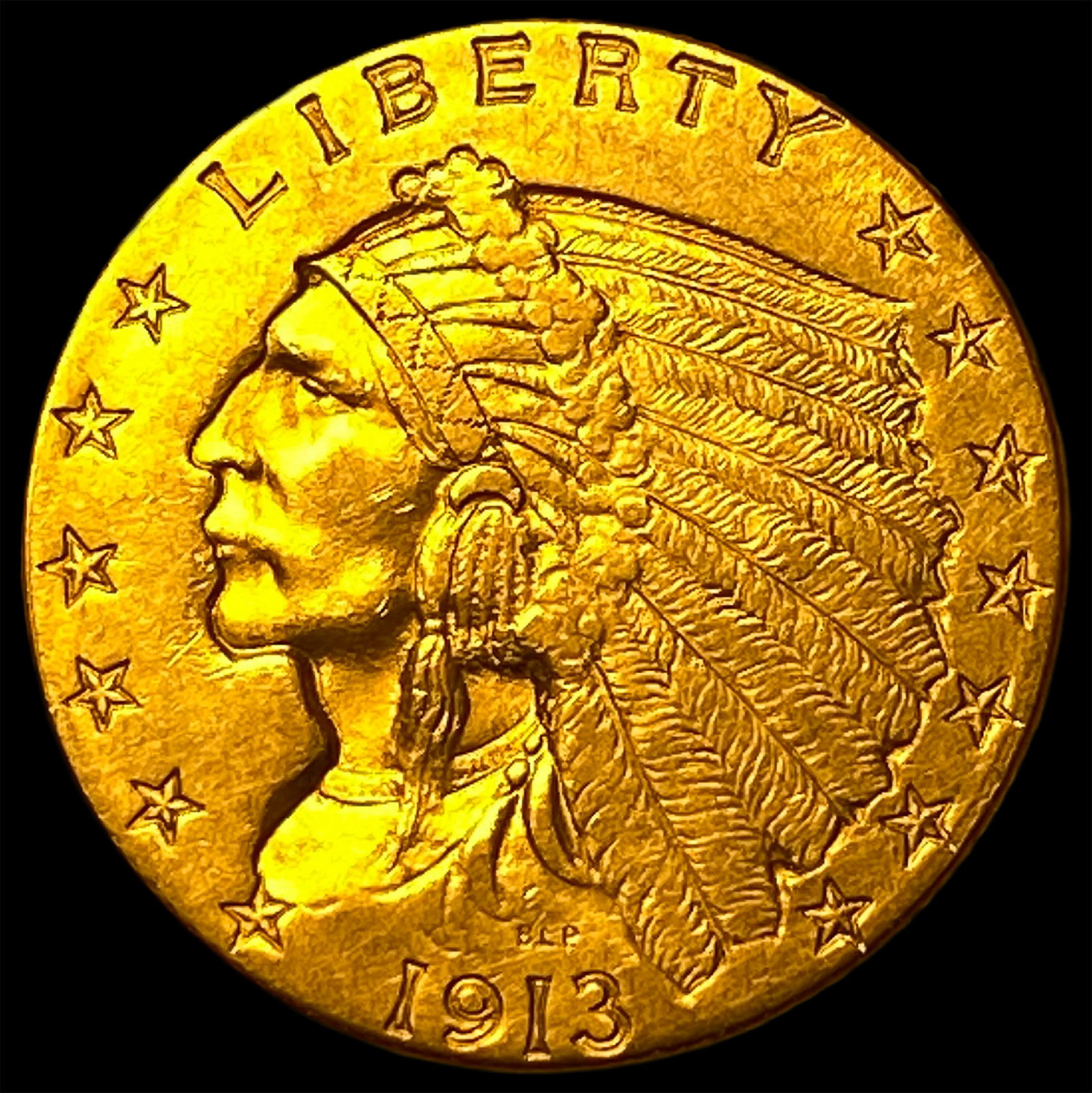 1913 Indian Head Gold $2.50 Quarter Eagle CLOSELY UNCIRCULATED: 1913 Indian Head Gold $2.50 Quarter Eagle CLOSELY UNCIRCULATED