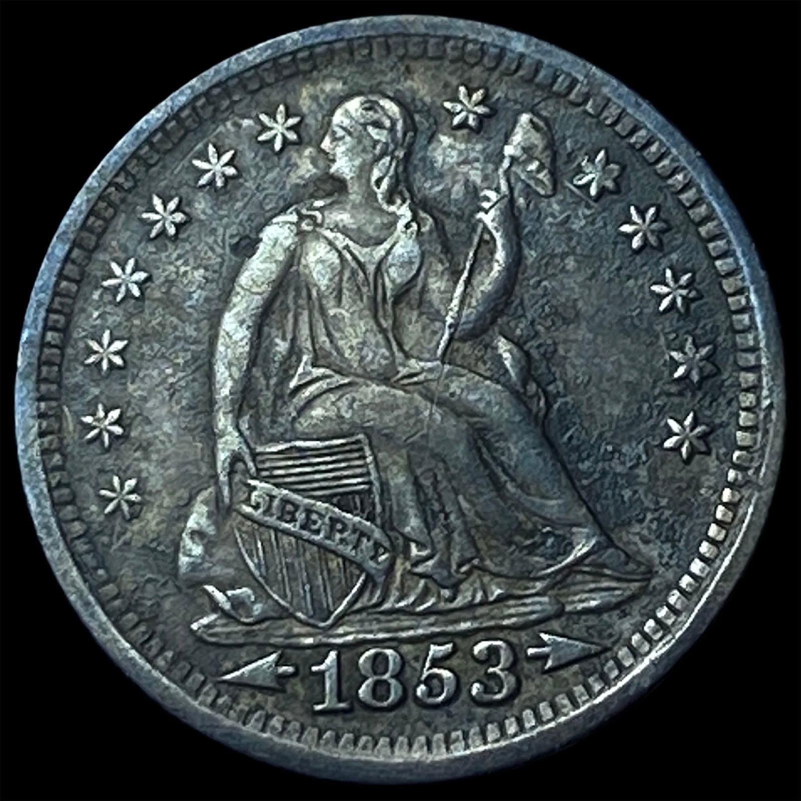 1853 Arrows Seated Liberty Half Dime CLOSELY UNCIRCULATED: 1853 Arrows Seated Liberty Half Dime CLOSELY UNCIRCULATED