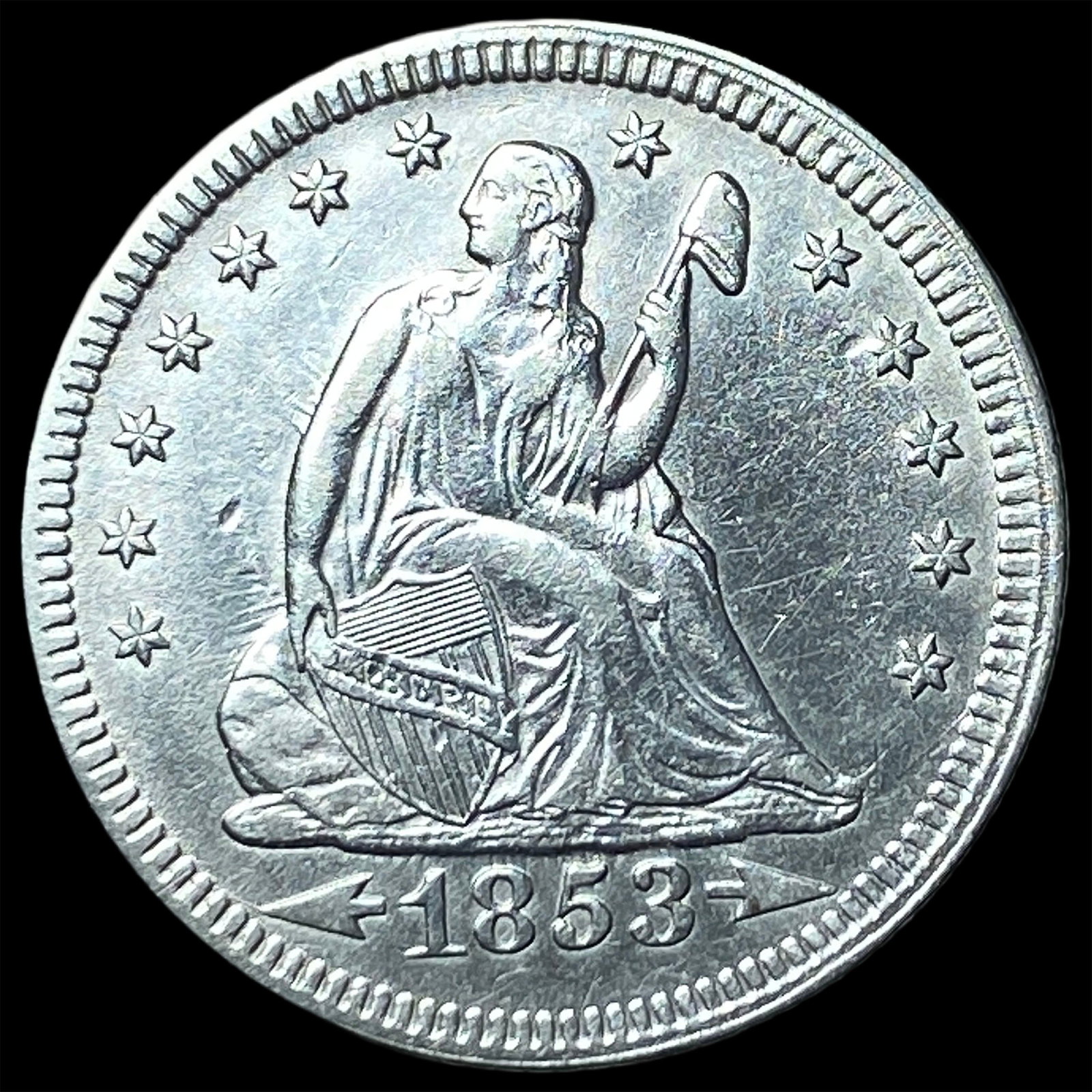 1853 Arrows Seated Liberty Quarter CLOSELY UNCIRCULATED: 1853 Arrows Seated Liberty Quarter CLOSELY UNCIRCULATED