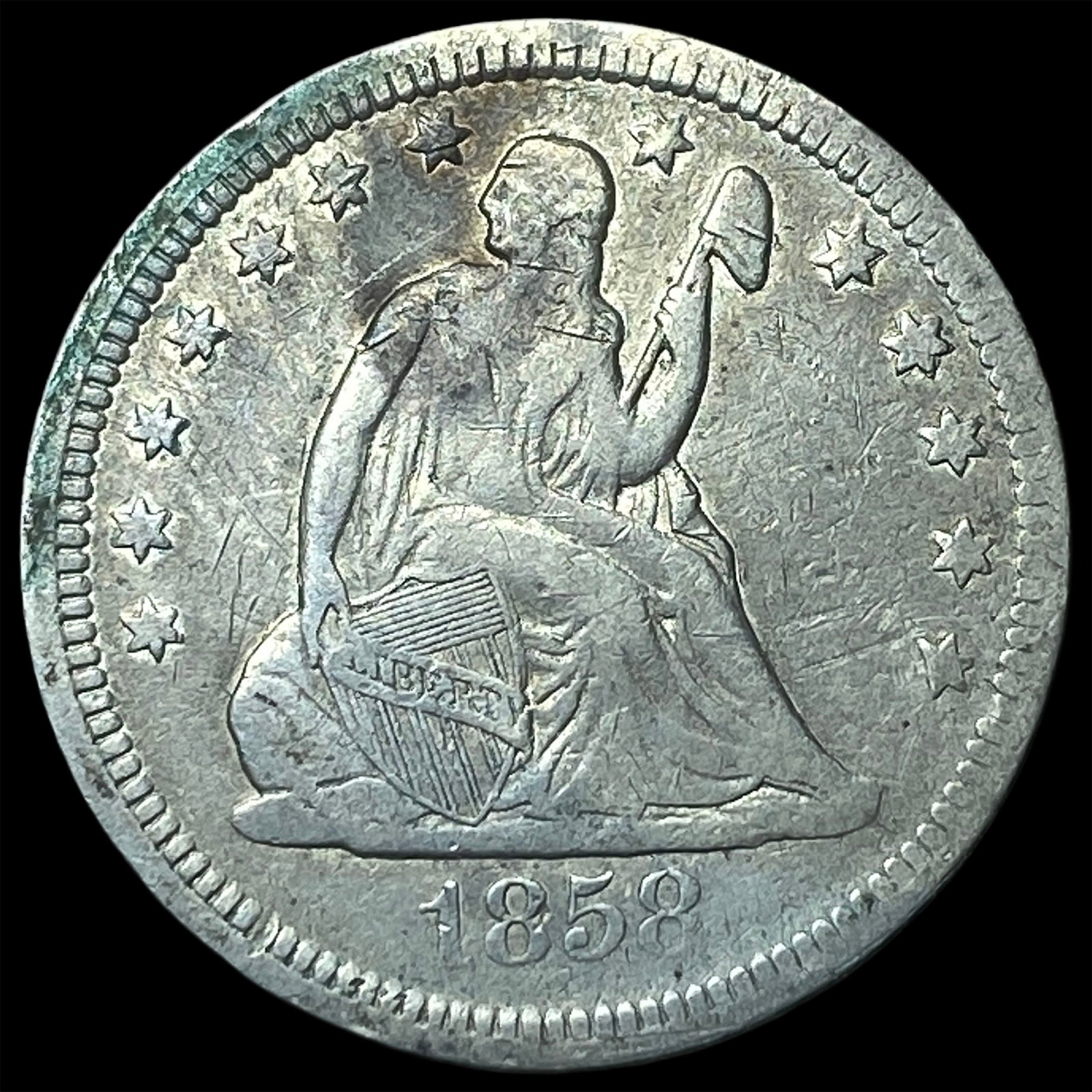 1858 Silver Seated Liberty Dime (Engraved) LIGHTLY CIRCULATED: 1858 Silver Seated Liberty Dime (Engraved) LIGHTLY CIRCULATED