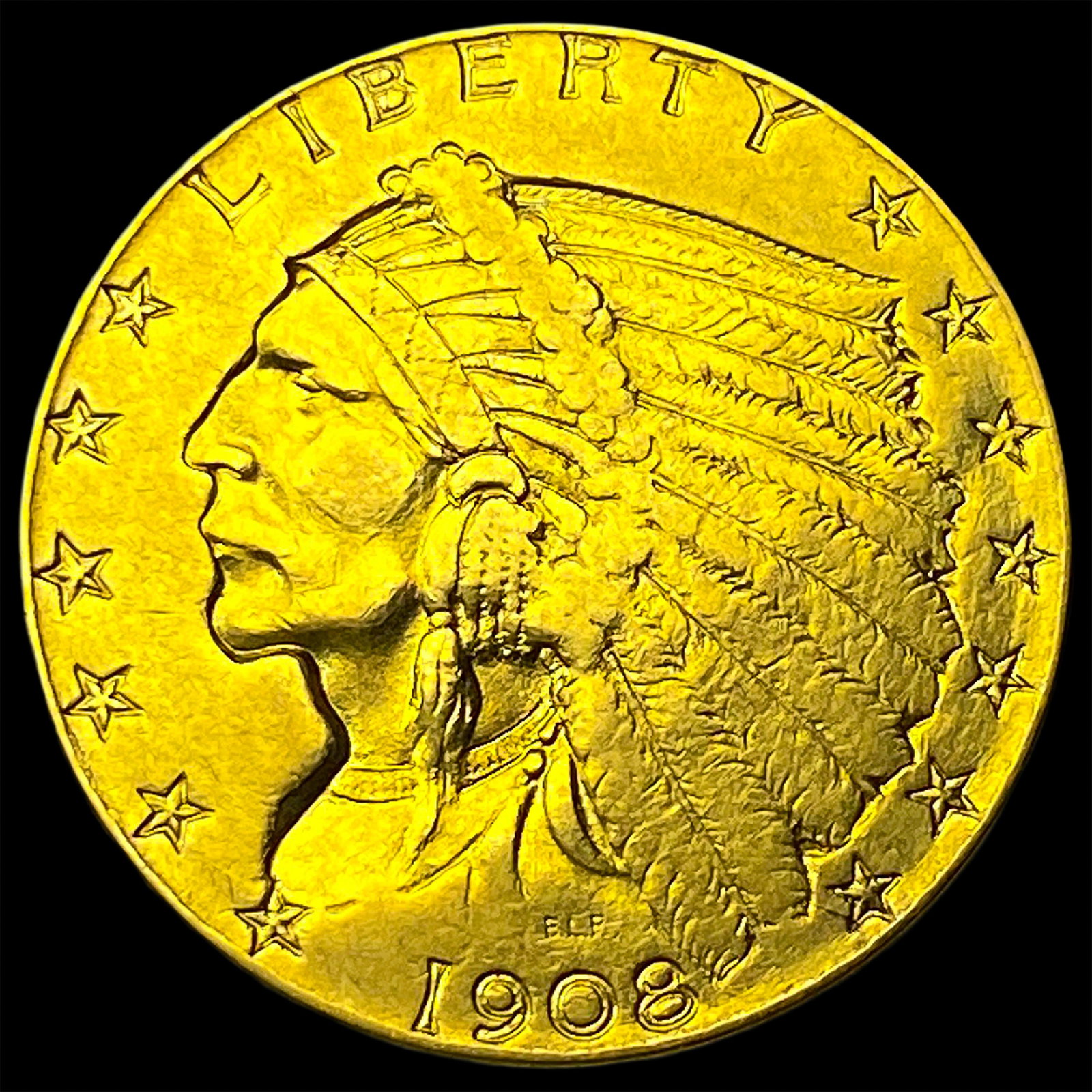 1908 Indian Head $2.5 Gold Quarter Eagle NEARLY UNCIRCULATED: 1908 Indian Head $2.5 Gold Quarter Eagle NEARLY UNCIRCULATED
