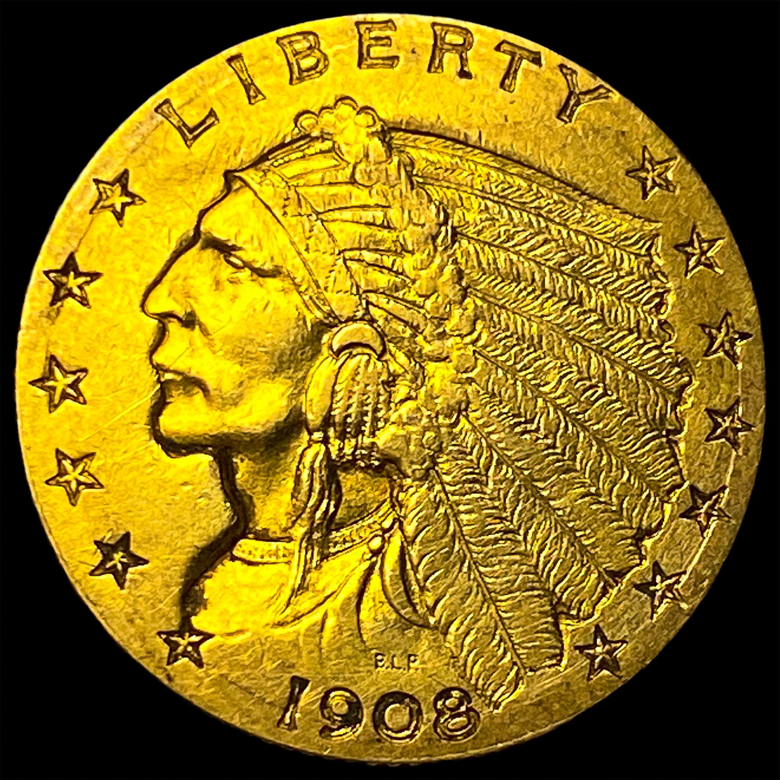 1908 Indian Head $2.5 Gold Quarter Eagle CLOSELY UNCIRCULATED: 1908 Indian Head $2.5 Gold Quarter Eagle CLOSELY UNCIRCULATED