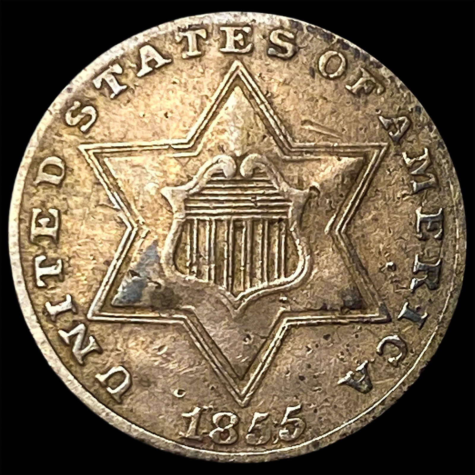 1855 Silver Three-Cent Piece NEARLY UNCIRCULATED: 1855 Silver Three-Cent Piece NEARLY UNCIRCULATED