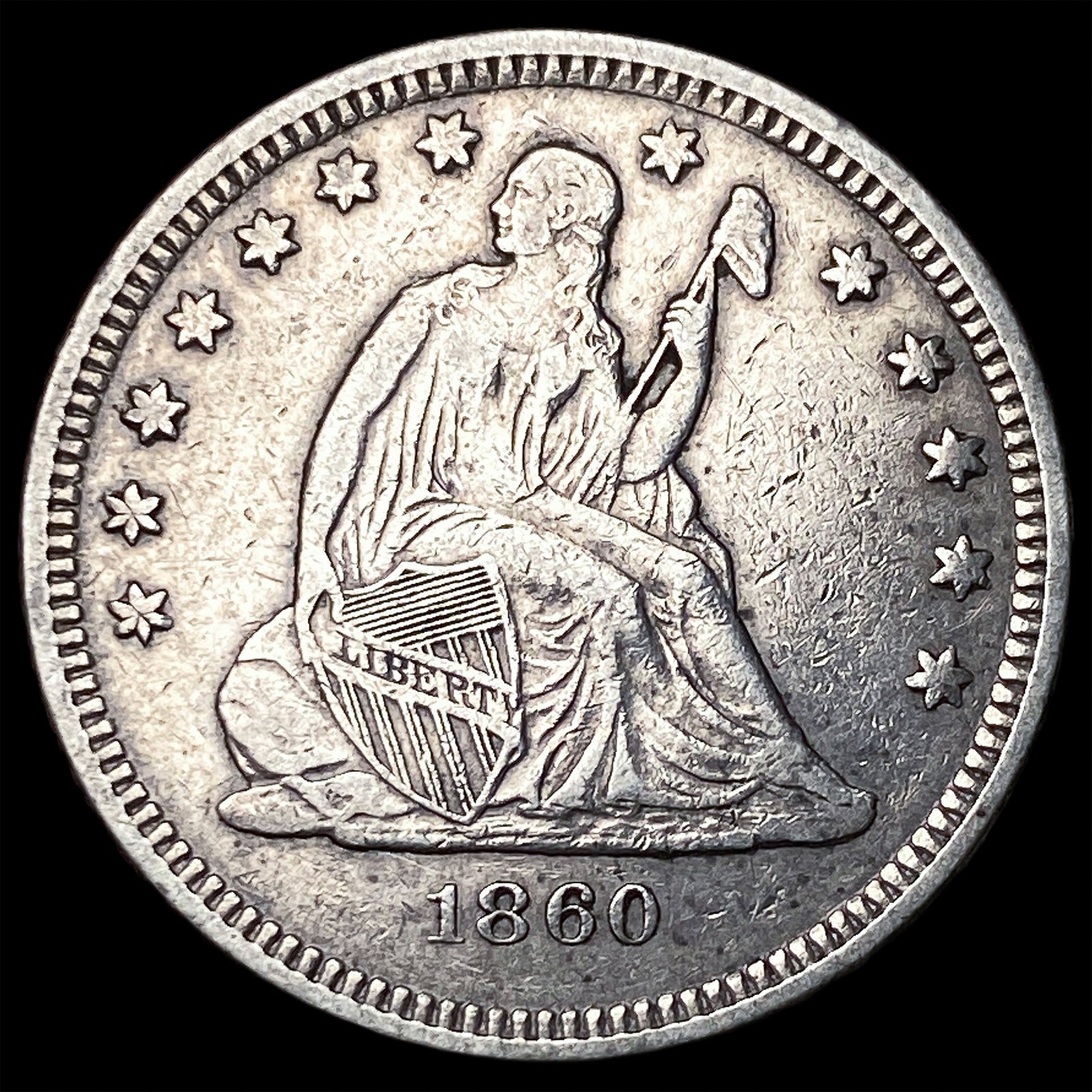1860-O Silver Seated Liberty Quarter NEARLY UNCIRCULATED: 1860-O Silver Seated Liberty Quarter NEARLY UNCIRCULATED