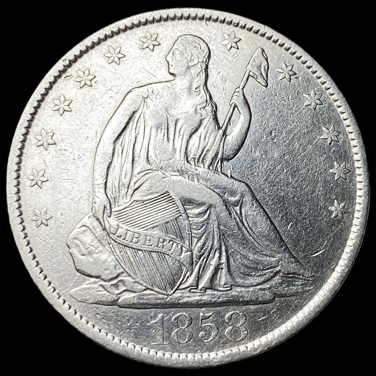 1858-O Silver Seated Liberty Half Dollar NEARLY UNCIRCULATED: 1858-O Silver Seated Liberty Half Dollar NEARLY UNCIRCULATED