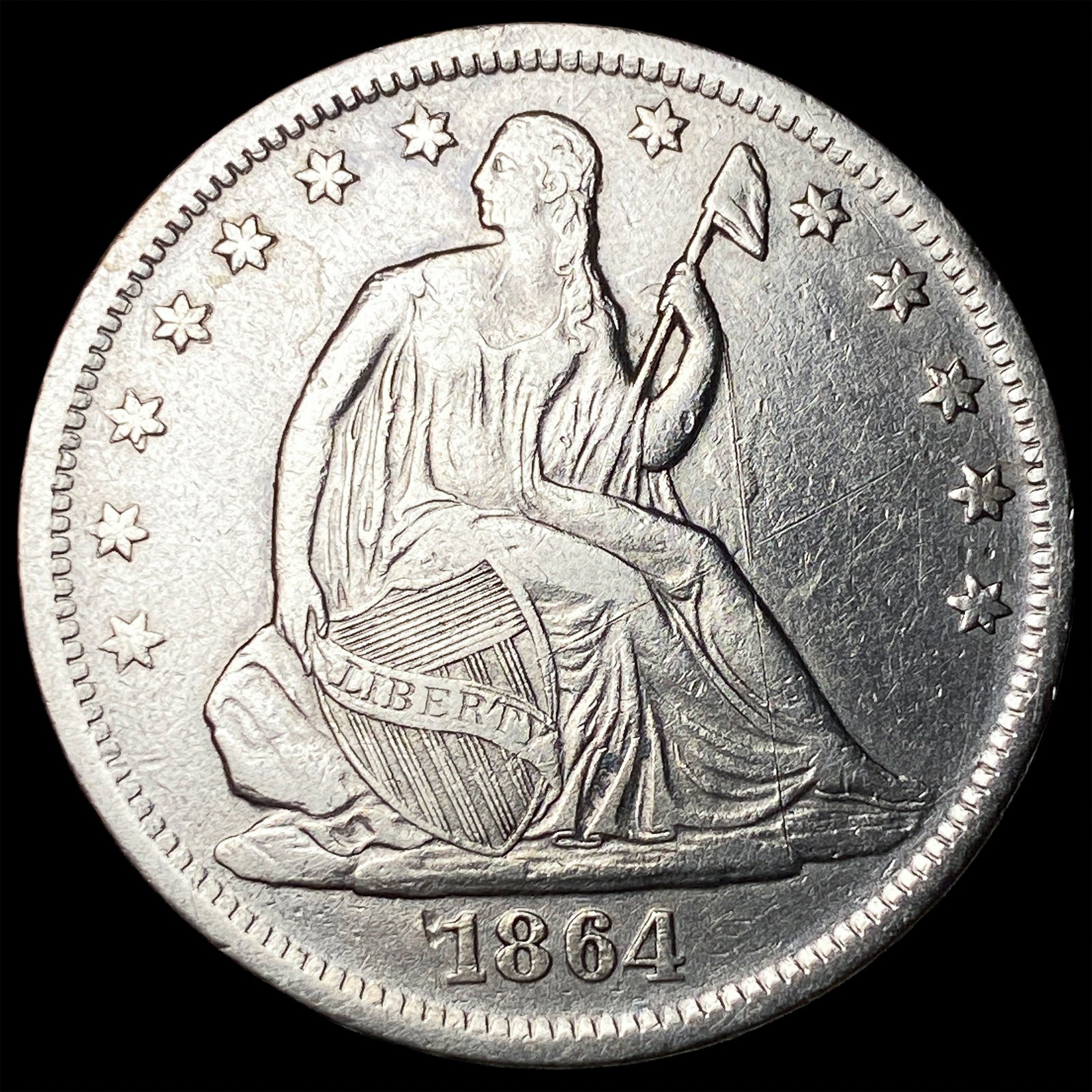 1864-S Silver Seated Liberty Half Dollar NEARLY UNCIRCULATED: 1864-S Silver Seated Liberty Half Dollar NEARLY UNCIRCULATED