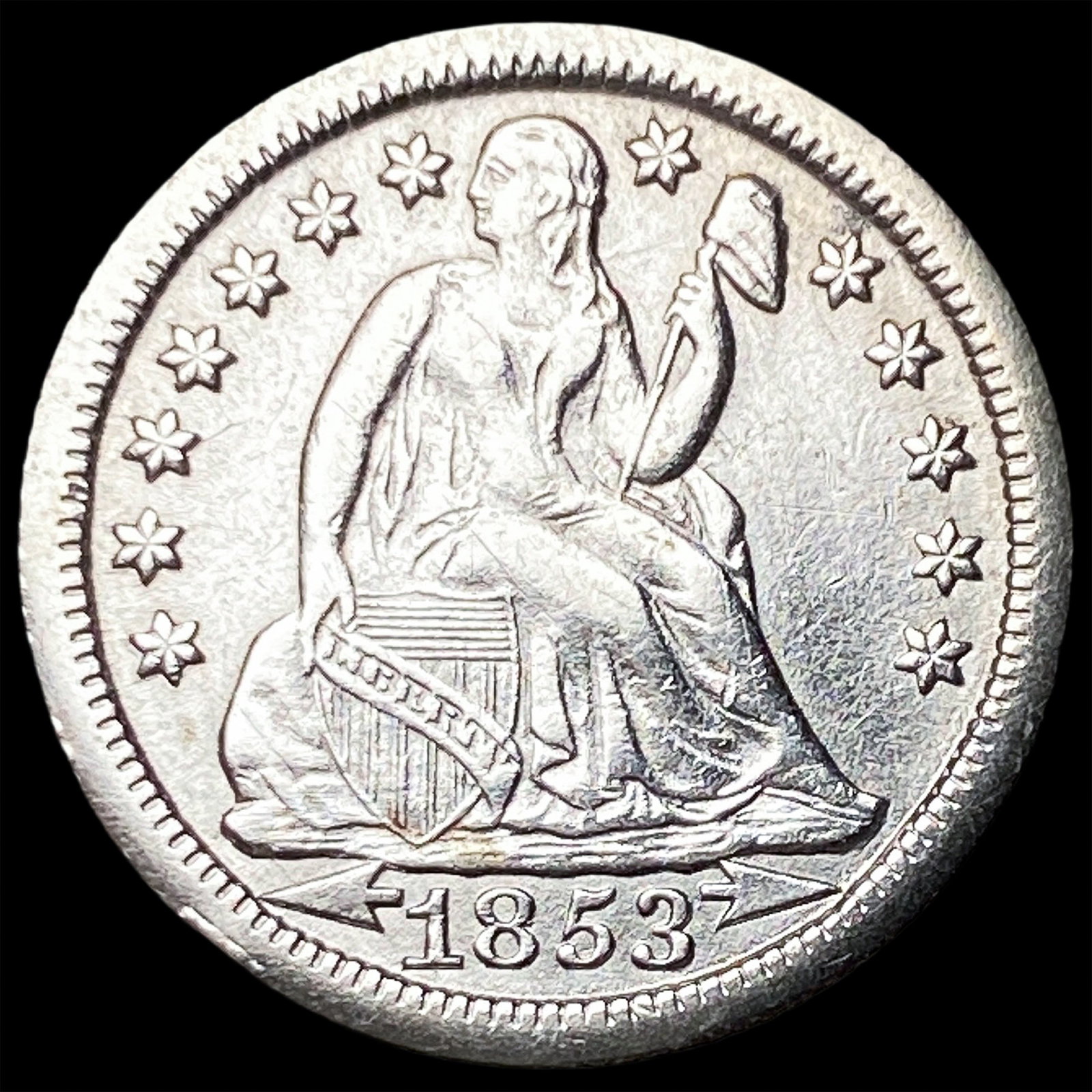 1853 Arrows Seated Liberty Silver Dime CLOSELY UNCIRCULATED: 1853 Arrows Seated Liberty Silver Dime CLOSELY UNCIRCULATED