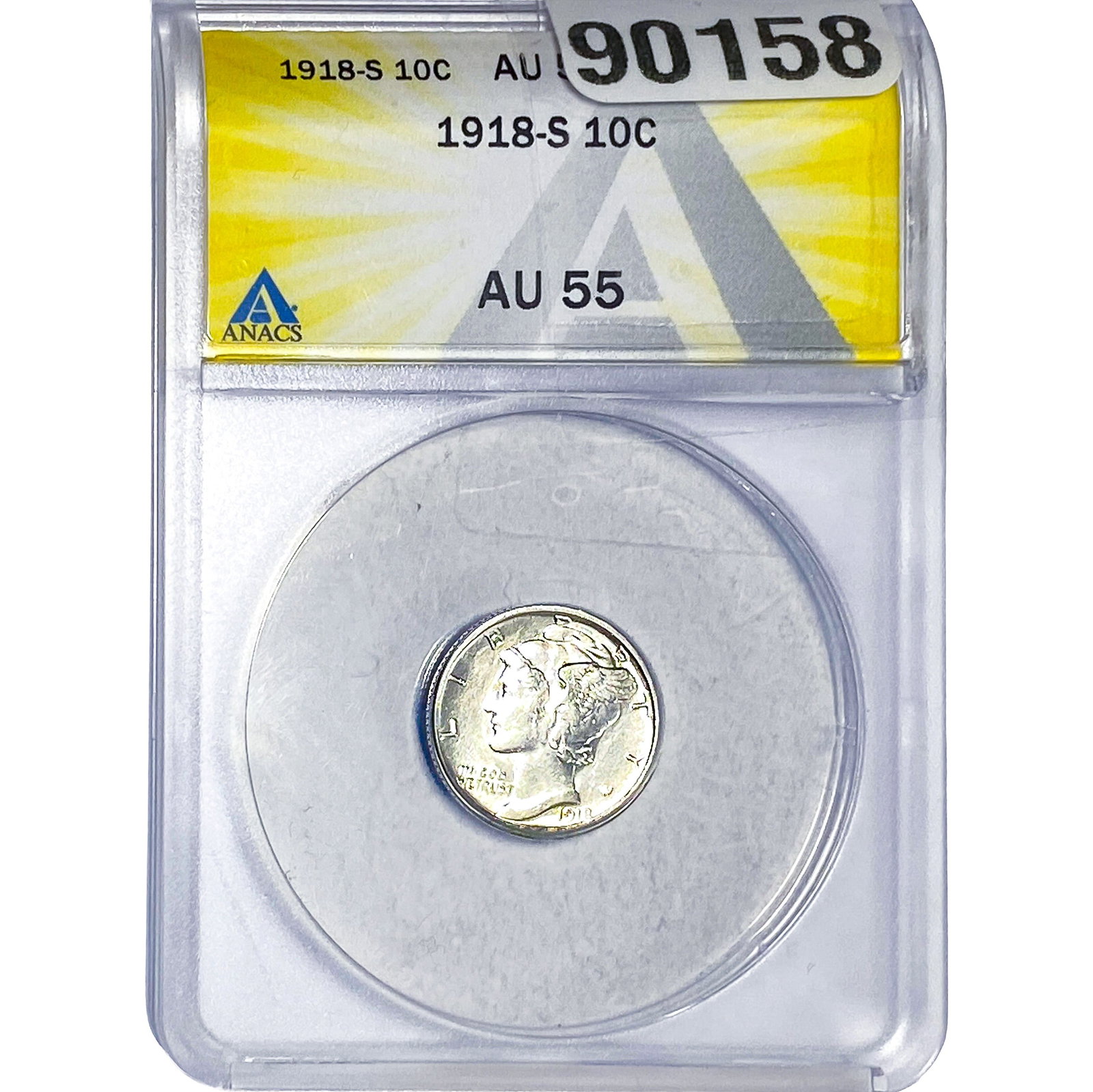 1918-S Mercury Silver Dime ANACS AU55: 1918-S Mercury Silver Dime ANACS AU55