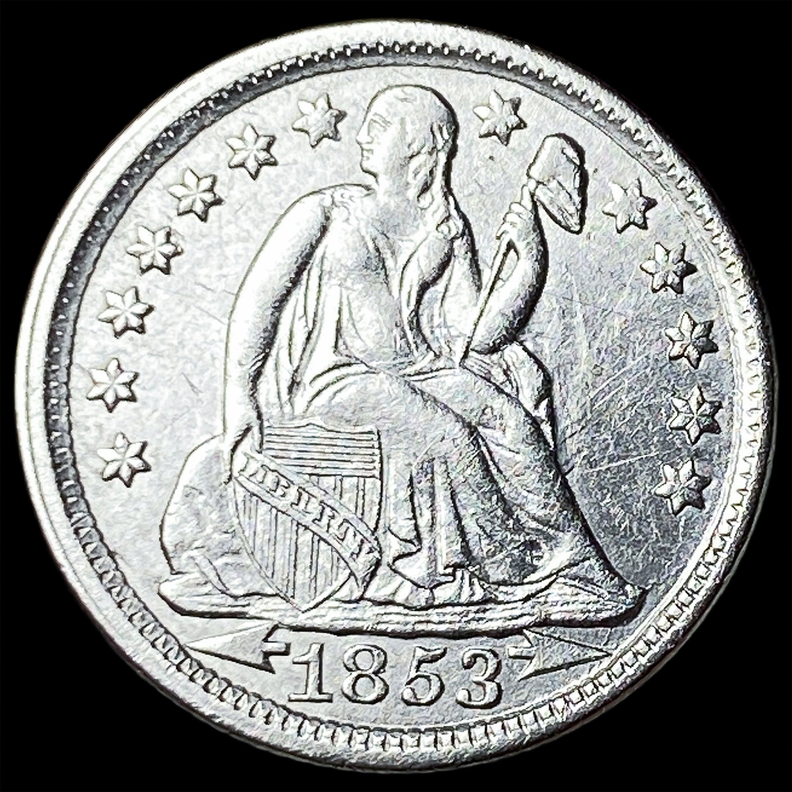 1853 Arrows Seated Liberty Dime CLOSELY UNCIRCULATED: 1853 Arrows Seated Liberty Dime CLOSELY UNCIRCULATED