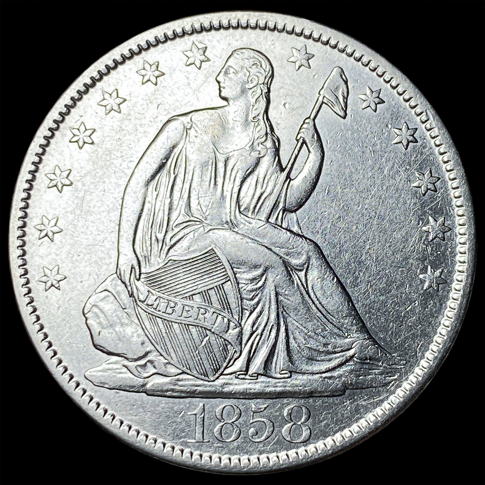 1858-O Silver Seated Liberty Half Dollar NEARLY UNCIRCULATED: 1858-O Silver Seated Liberty Half Dollar NEARLY UNCIRCULATED