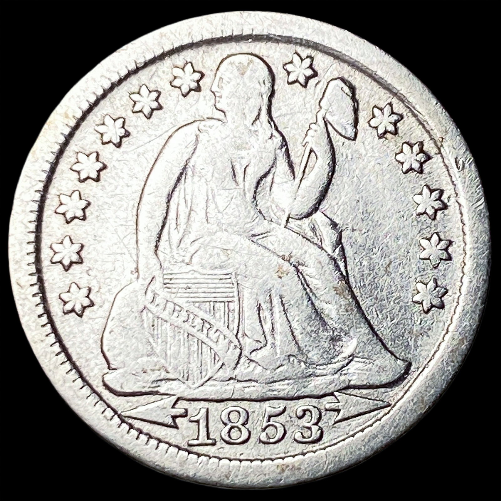 1853 Arrows Seated Liberty Dime NEARLY UNCIRCULATED: 1853 Arrows Seated Liberty Dime NEARLY UNCIRCULATED