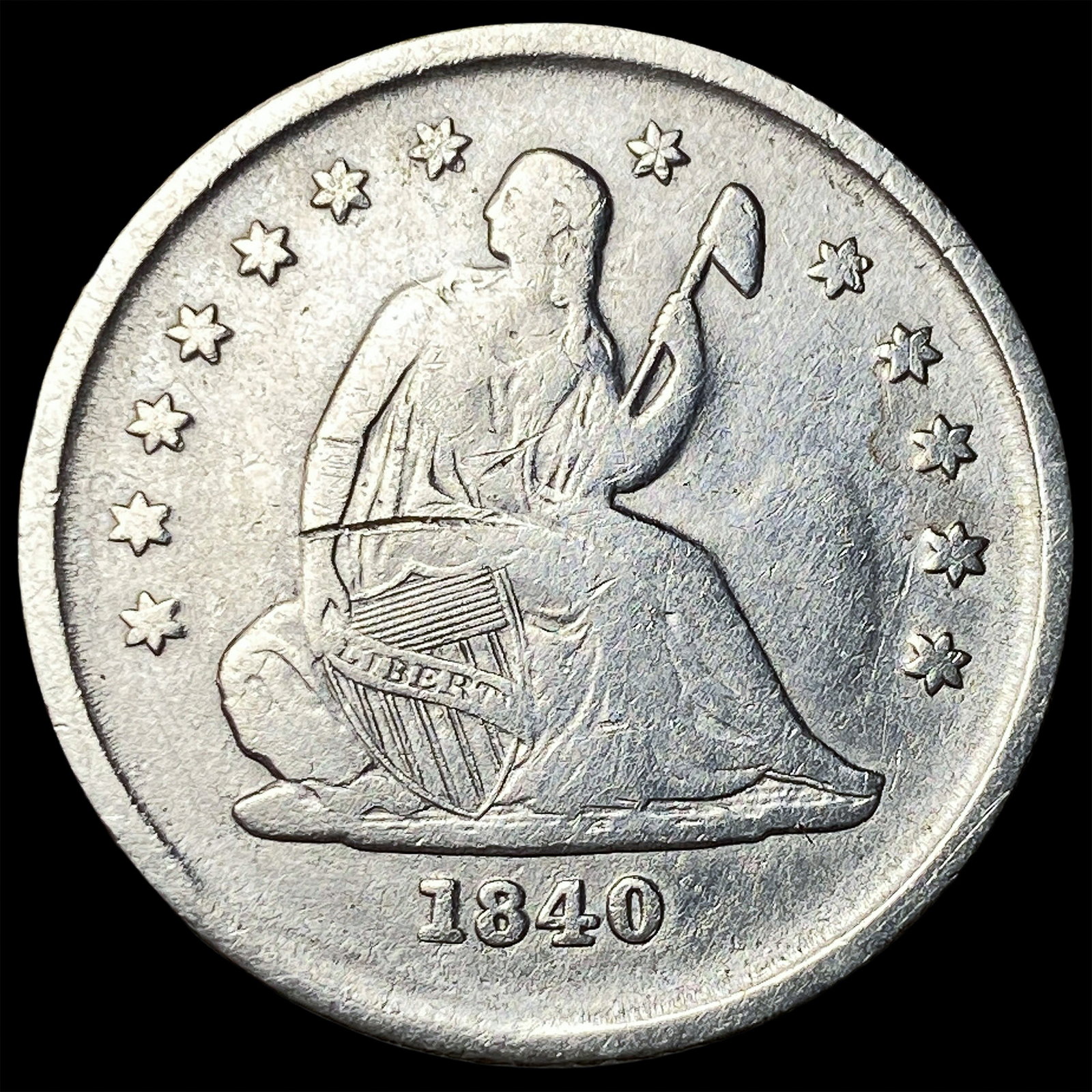 1840-O Silver Seated Liberty Quarter ABOUT UNCIRCULATED: 1840-O Silver Seated Liberty Quarter ABOUT UNCIRCULATED