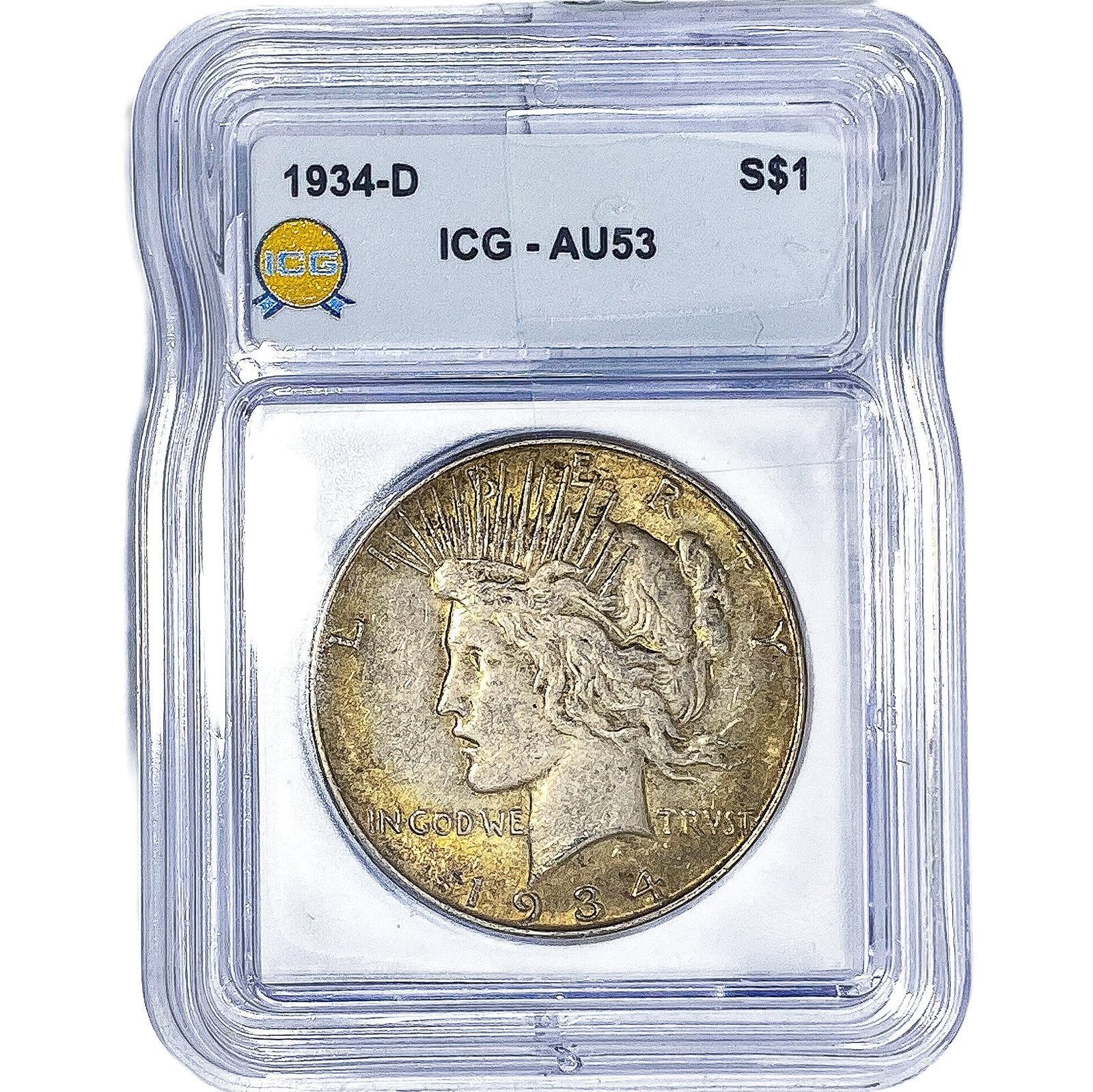1934-D Silver Peace Dollar ICG AU53: 1934-D Silver Peace Dollar ICG AU53