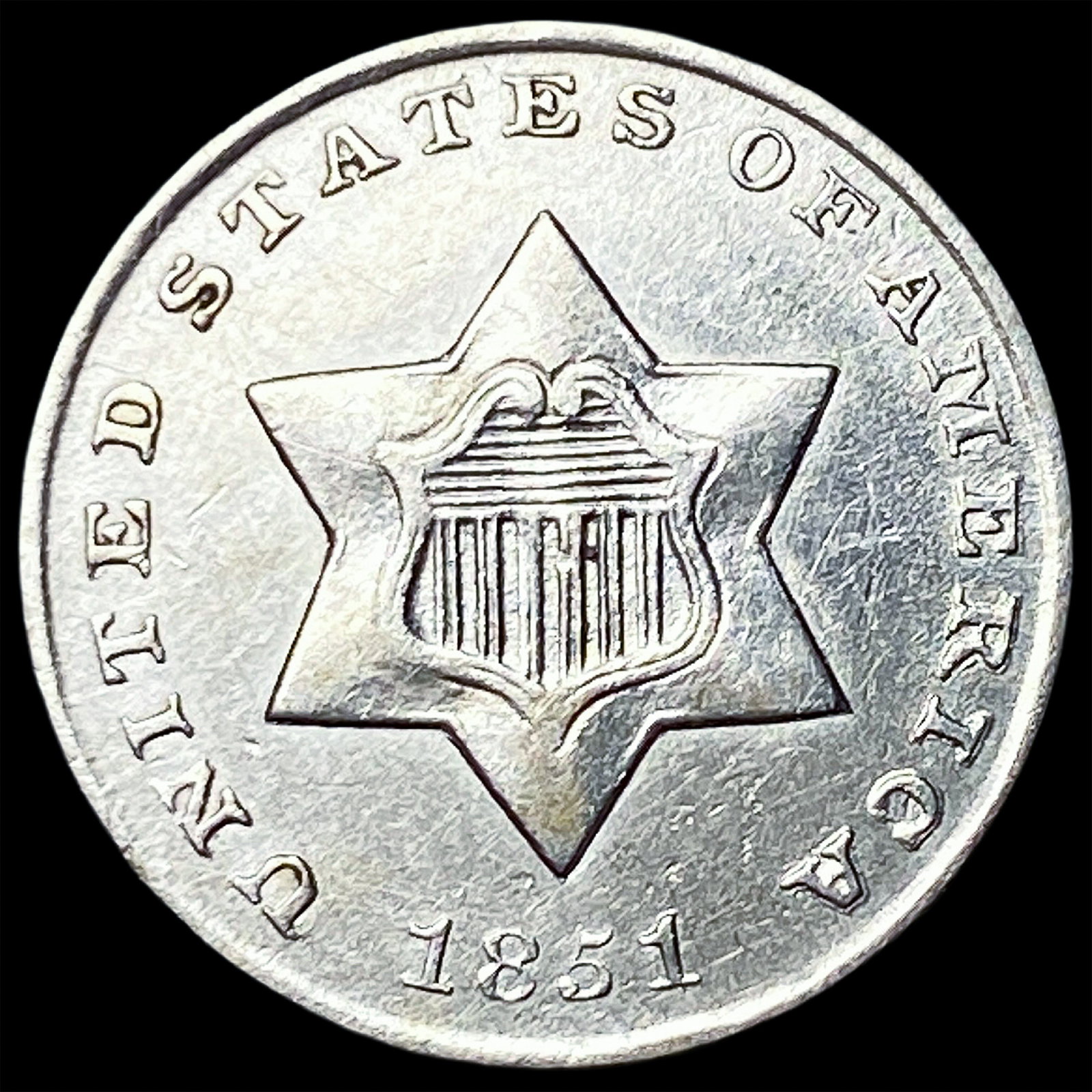 1851 Silver Three-Cent Piece CLOSELY UNCIRCULATED: 1851 Silver Three-Cent Piece CLOSELY UNCIRCULATED