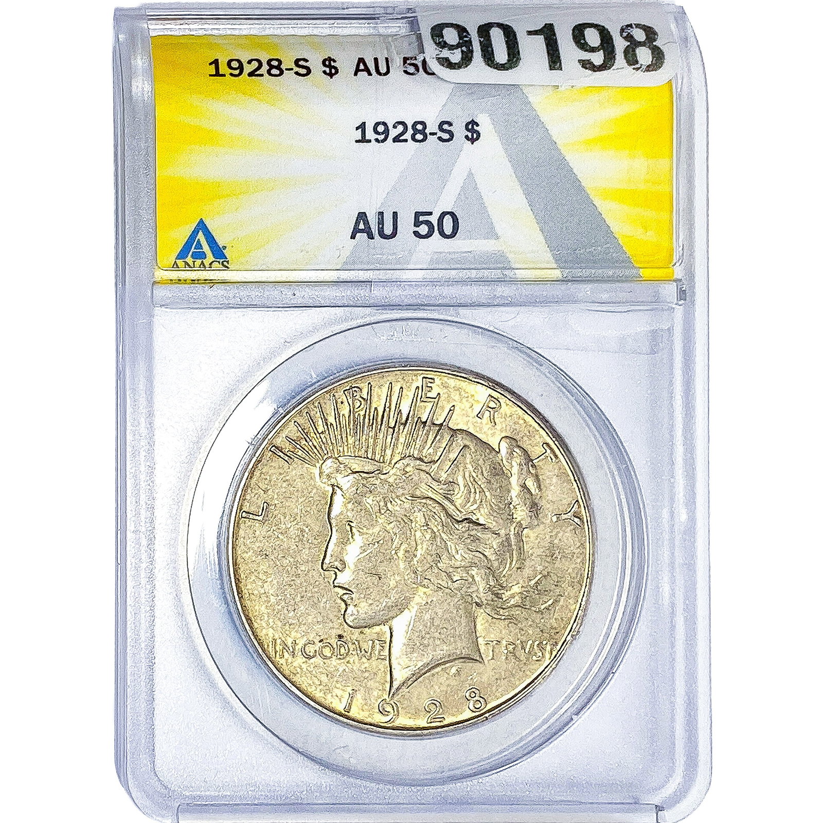 1928-S Silver Peace Dollar ANACS AU50: 1928-S Silver Peace Dollar ANACS AU50