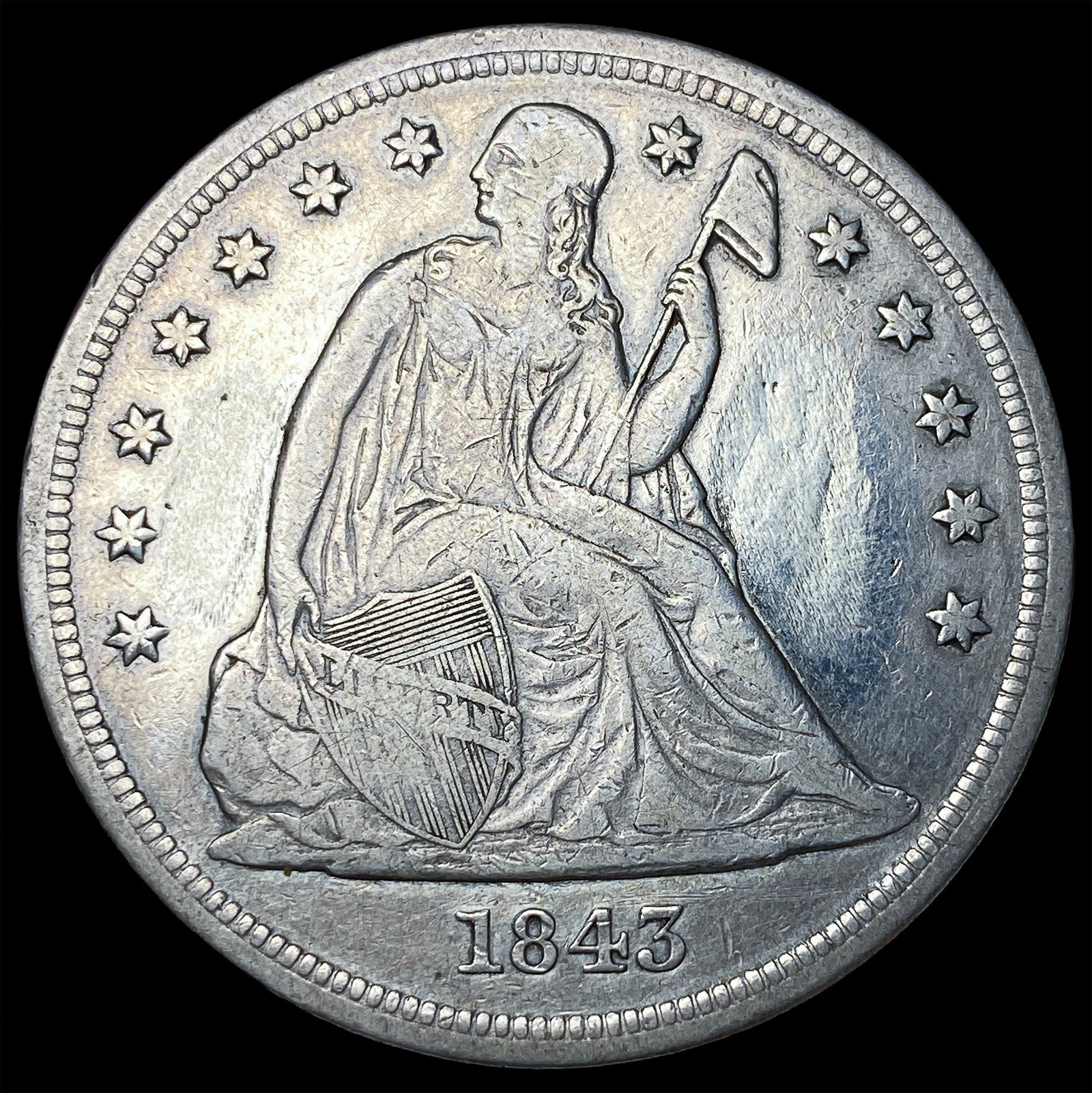 1843 Silver Seated Liberty Dollar NEARLY UNCIRCULATED: 1843 Silver Seated Liberty Dollar NEARLY UNCIRCULATED