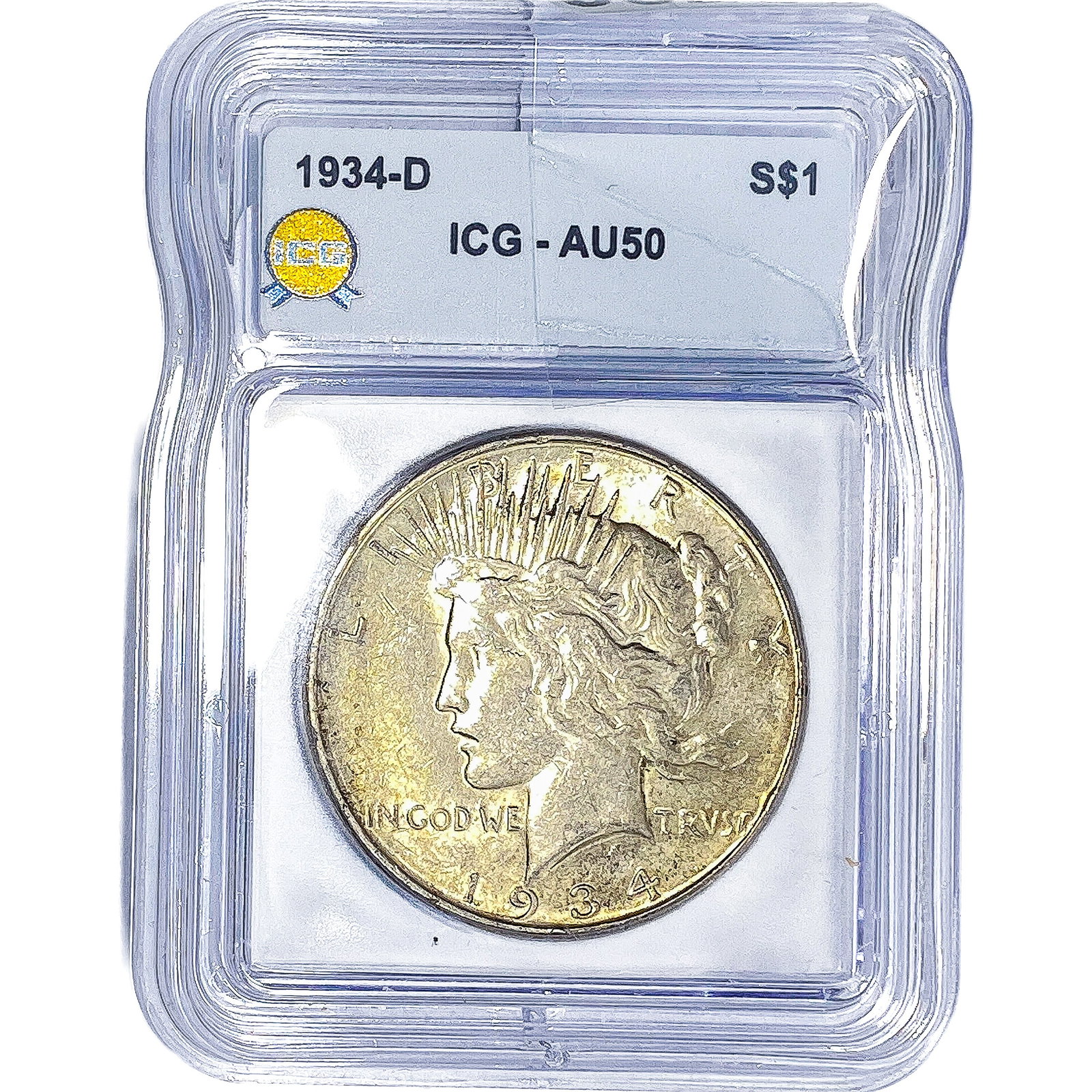 1934-D Silver Peace Dollar ICG AU50: 1934-D Silver Peace Dollar ICG AU50