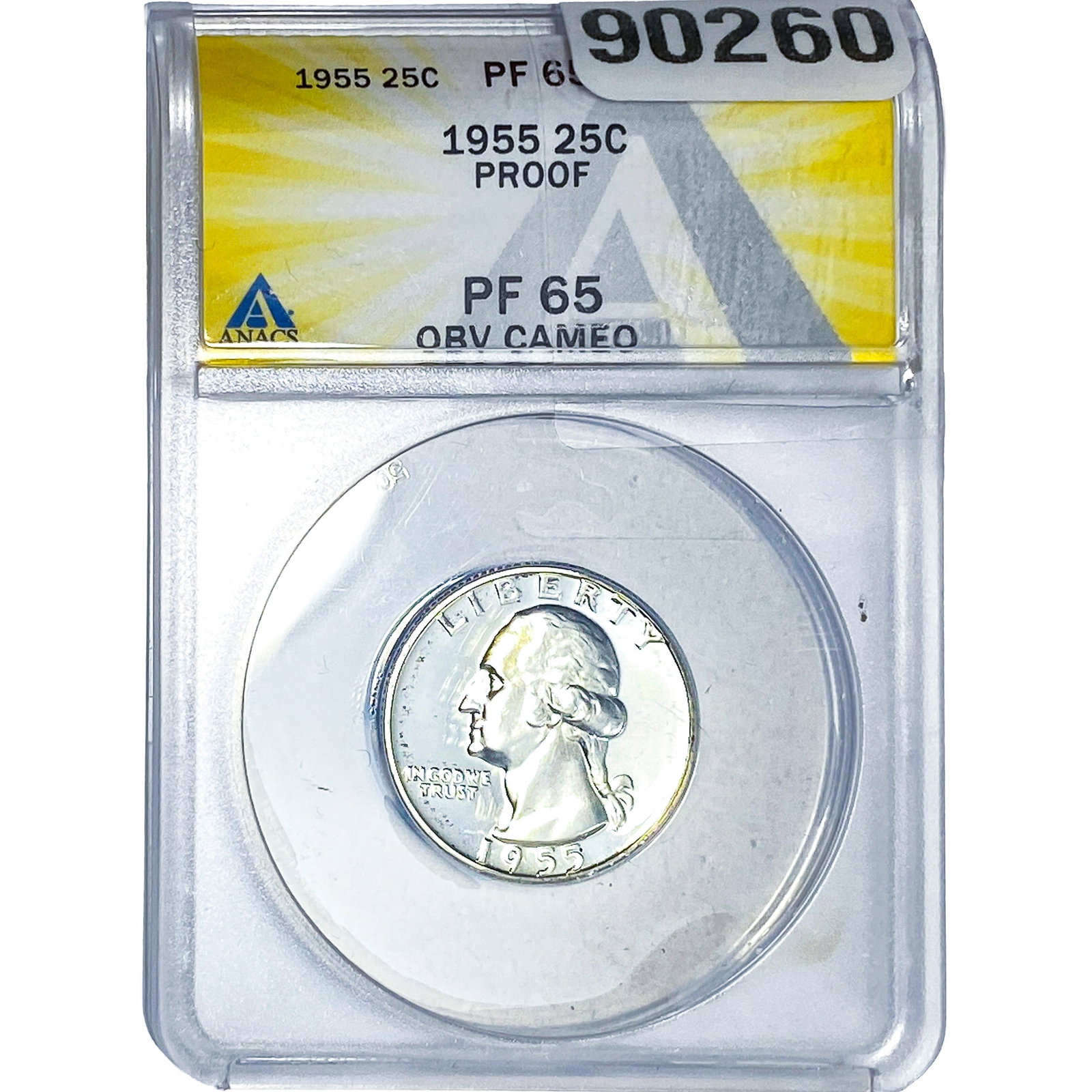 1955 Washington Silver Quarter ANACS PF65 obv cam: 1955 Washington Silver Quarter ANACS PF65 obv cam
