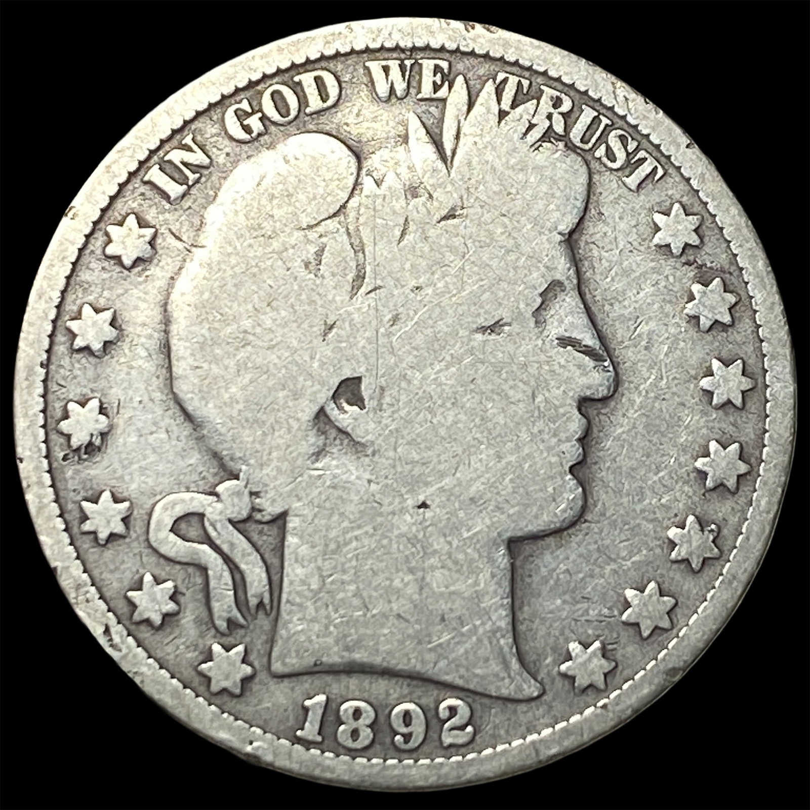 1892 Silver Barber Half Dollar NICELY CIRCULATED: 1892 Silver Barber Half Dollar NICELY CIRCULATED