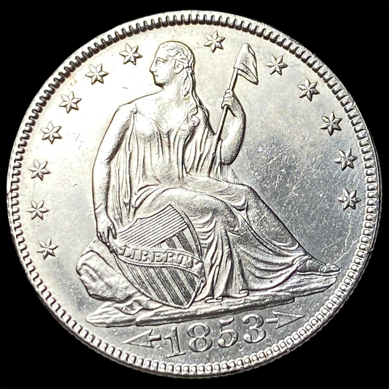 1853 Arrows/Rays Seated Liberty Half Dollar CLOSELY UNCIRCULATED: 1853 Arrows/Rays Seated Liberty Half Dollar CLOSELY UNCIRCULATED