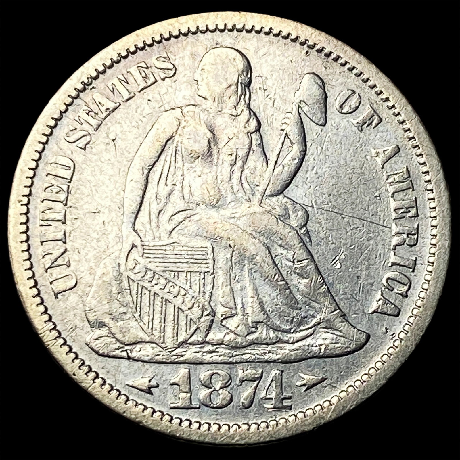1874 Arrows Seated Liberty Dime NEARLY UNCIRCULATED: 1874 Arrows Seated Liberty Dime NEARLY UNCIRCULATED